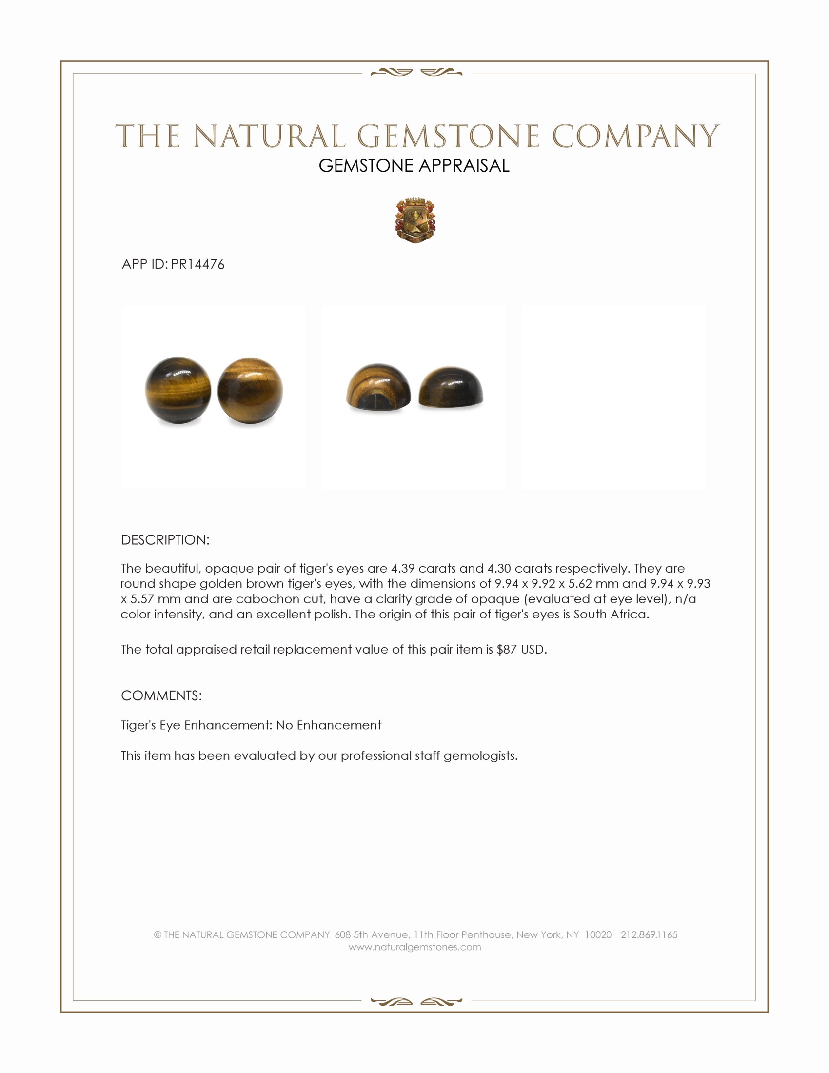 8.69 Ct.Tw. Cabochon Tiger's Eye Pair from South Africa