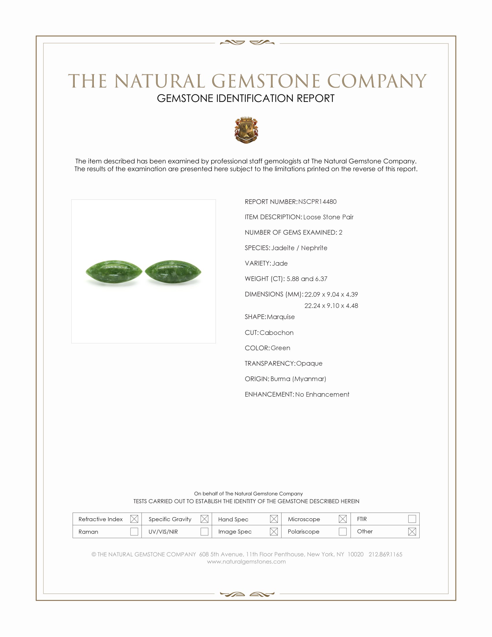 12.25 Ct.Tw. Green Cabochon Jade Pair from Burma (Myanmar)