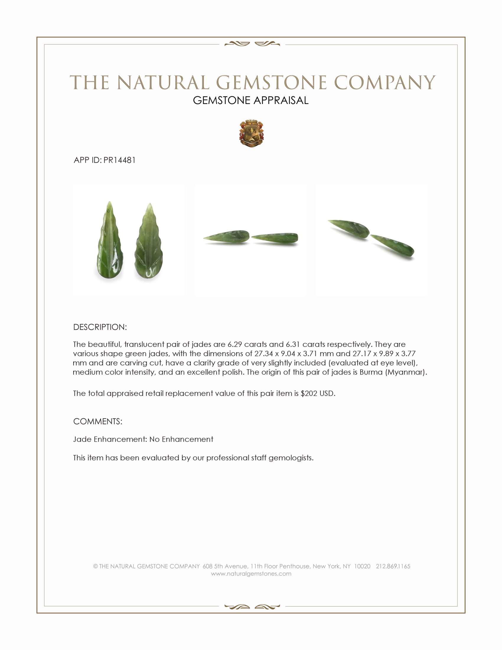 12.60 Ct.Tw. Green Jade Pair from Burma (Myanmar)
