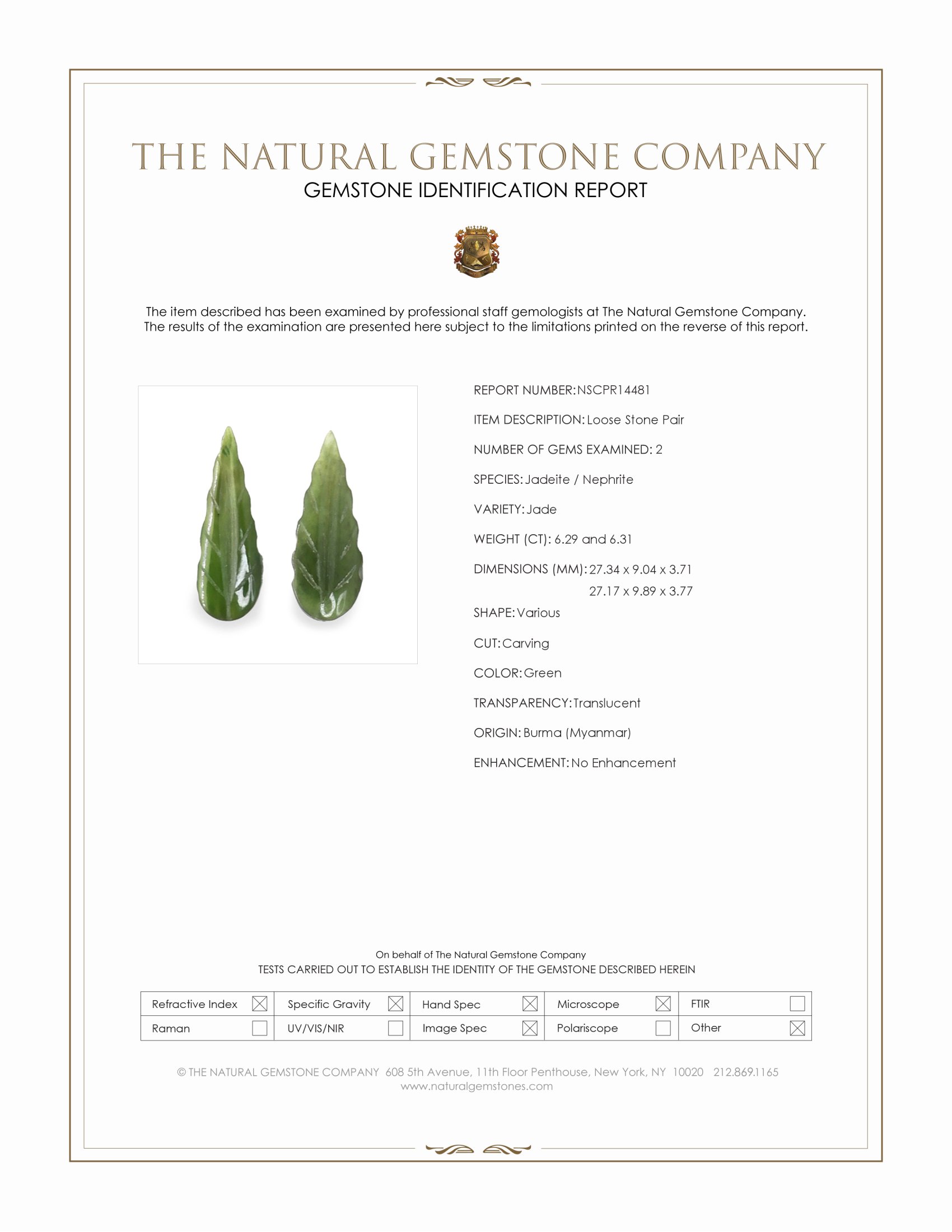 12.60 Ct.Tw. Green Jade Pair from Burma (Myanmar)