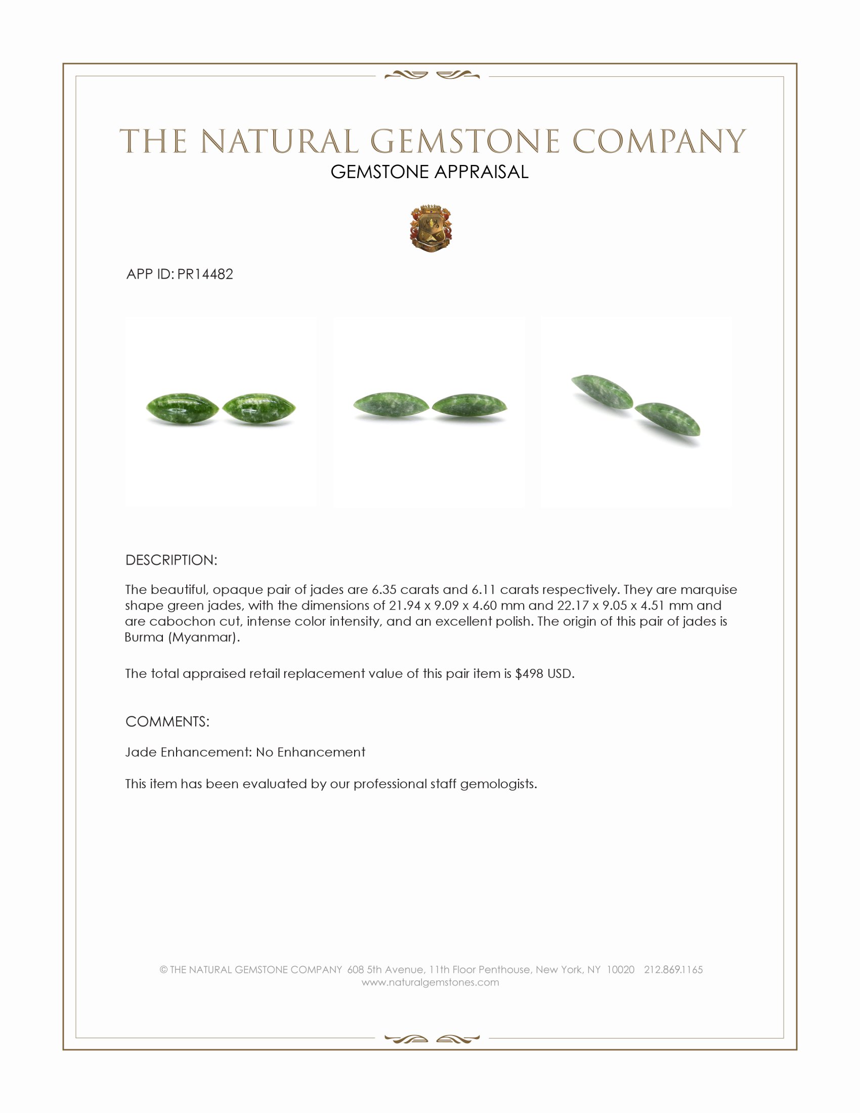 12.46 Ct.Tw. Green Cabochon Jade Pair from Burma (Myanmar)