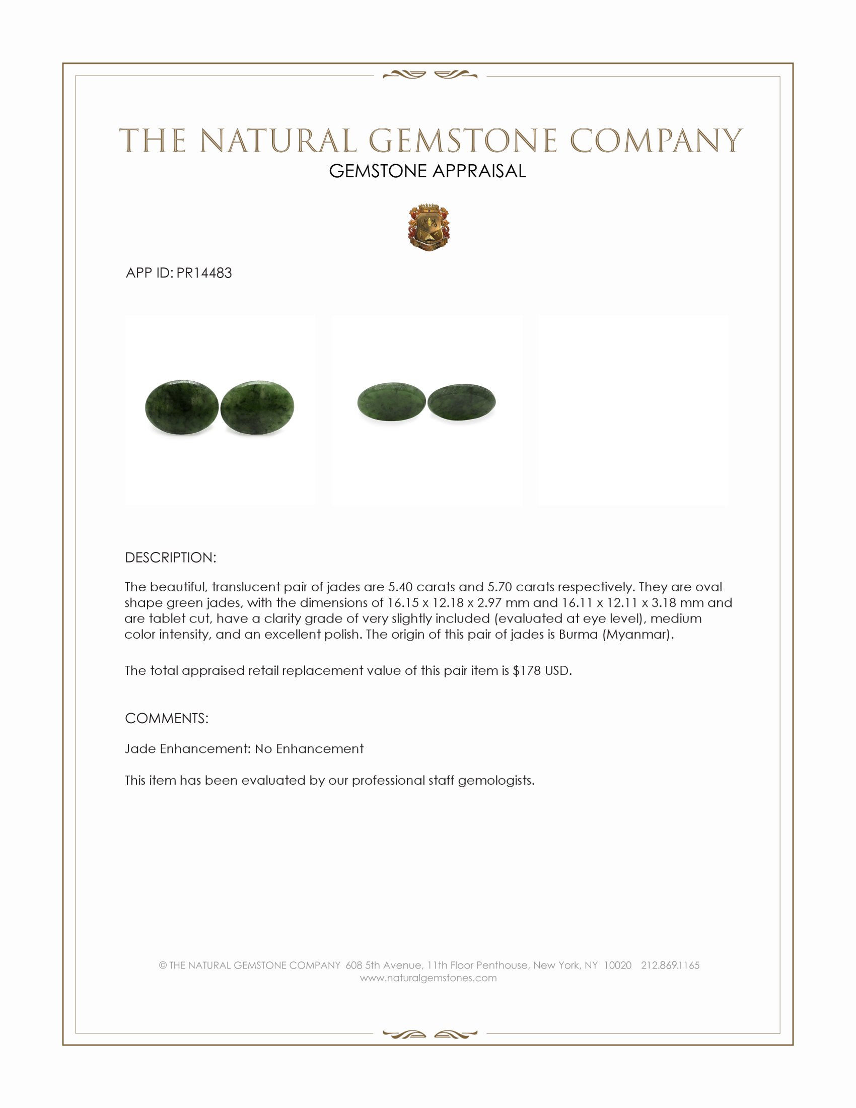 11.10 Ct.Tw. Green Jade Pair from Burma (Myanmar)