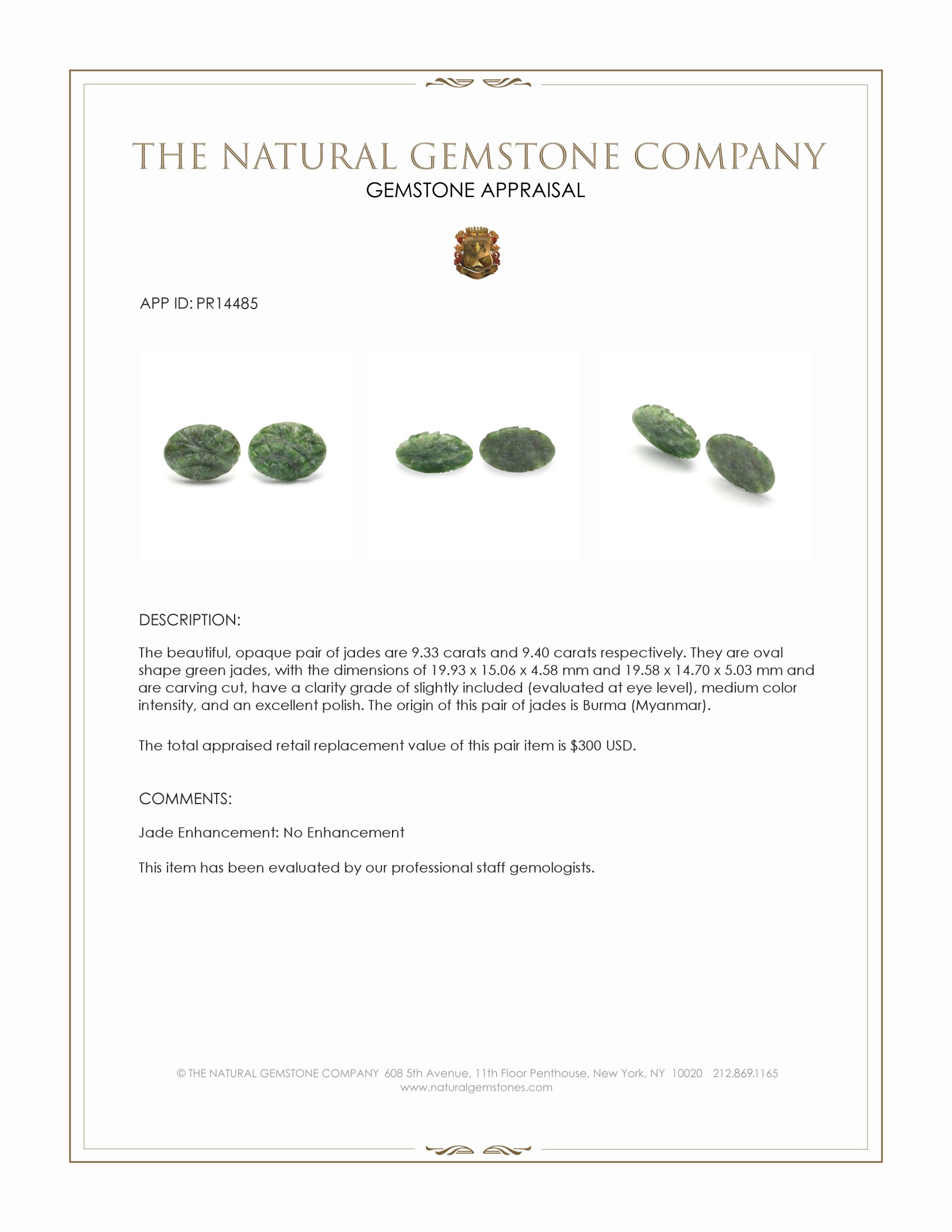 18.73 Ct.Tw. Green Jade Pair from Burma (Myanmar)
