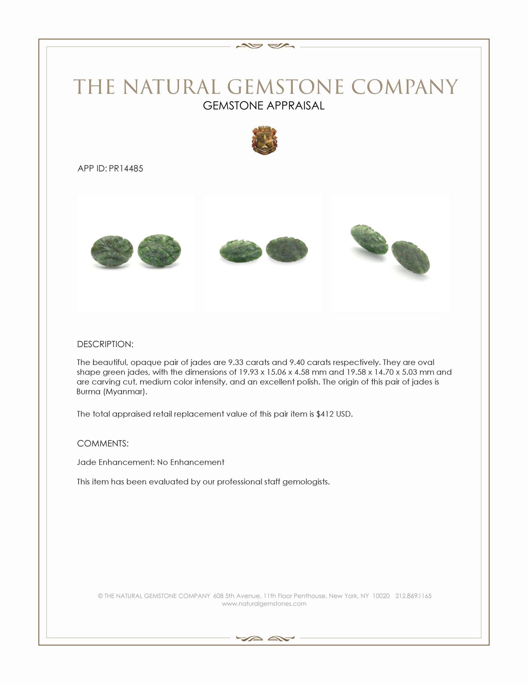 18.73 Ct.Tw. Green Jade Pair from Burma (Myanmar)