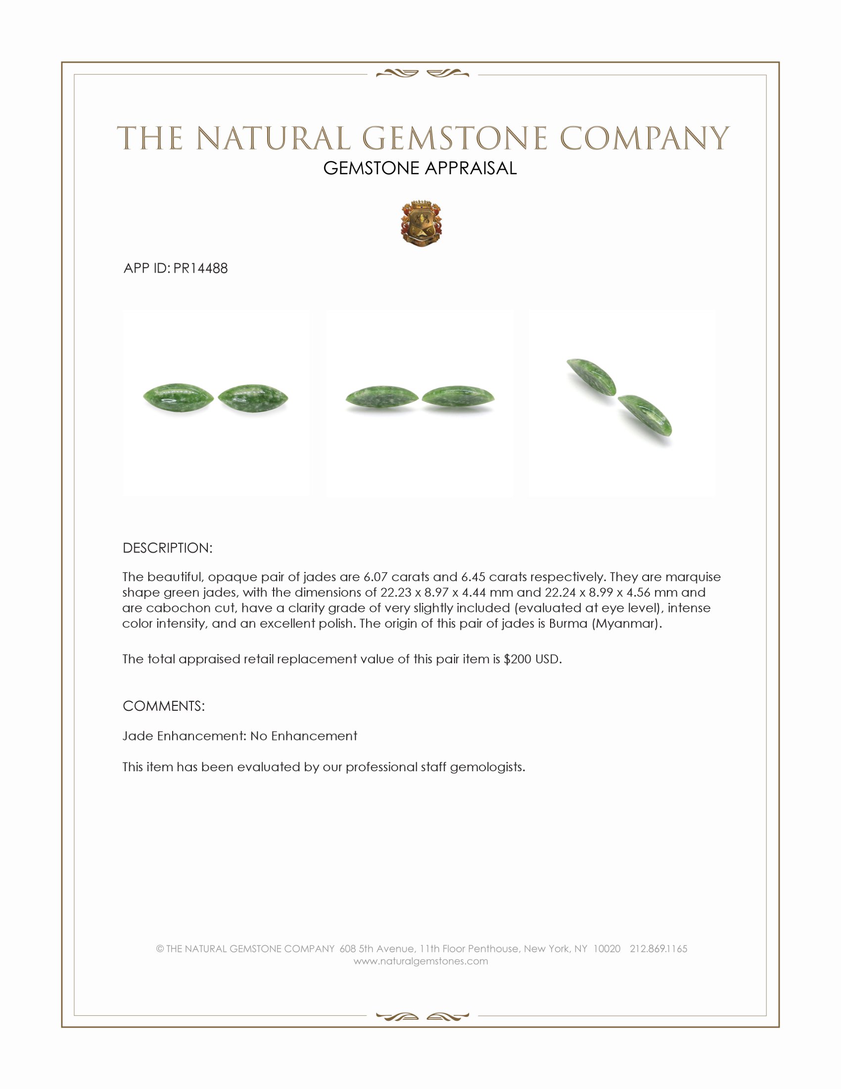 12.52 Ct.Tw. Green Cabochon Jade Pair from Burma (Myanmar)