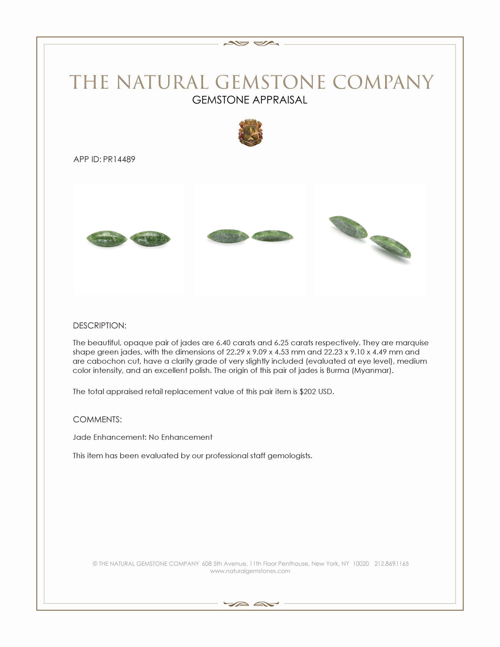 12.65 Ct.Tw. Green Cabochon Jade Pair from Burma (Myanmar)