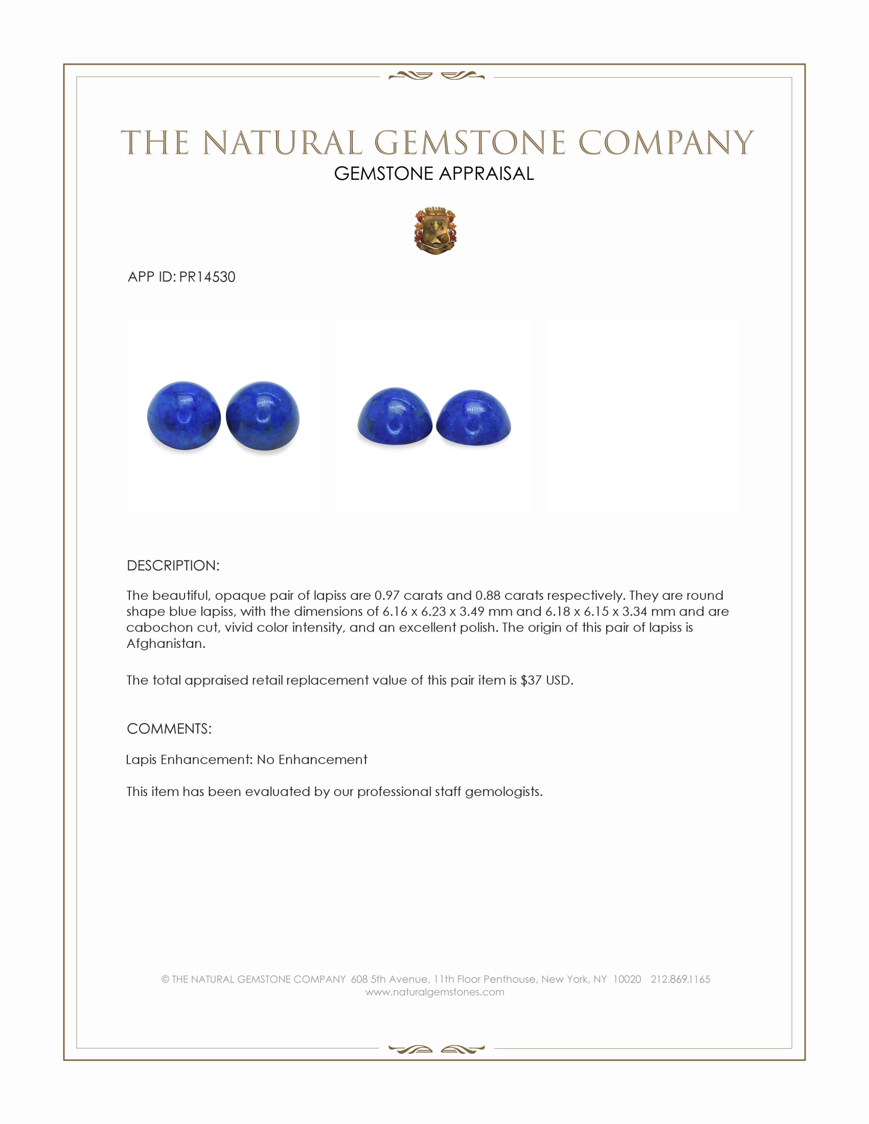1.85 Ct.Tw. Cabochon Lapis Pair from Afghanistan