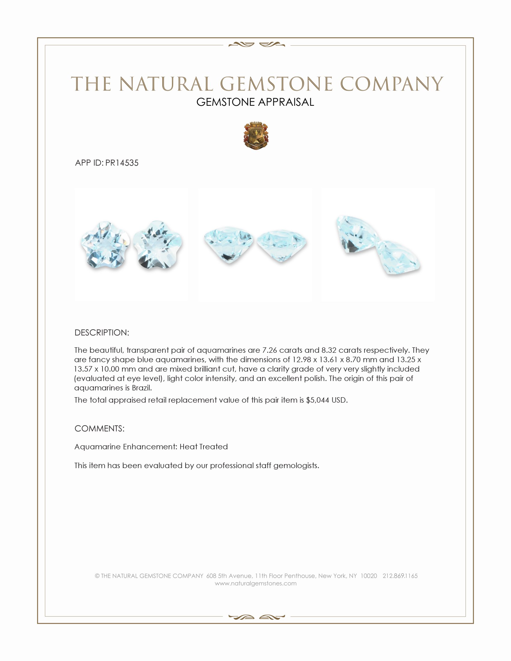 15.58 Ct.Tw. Blue Aquamarine Pair from Brazil
