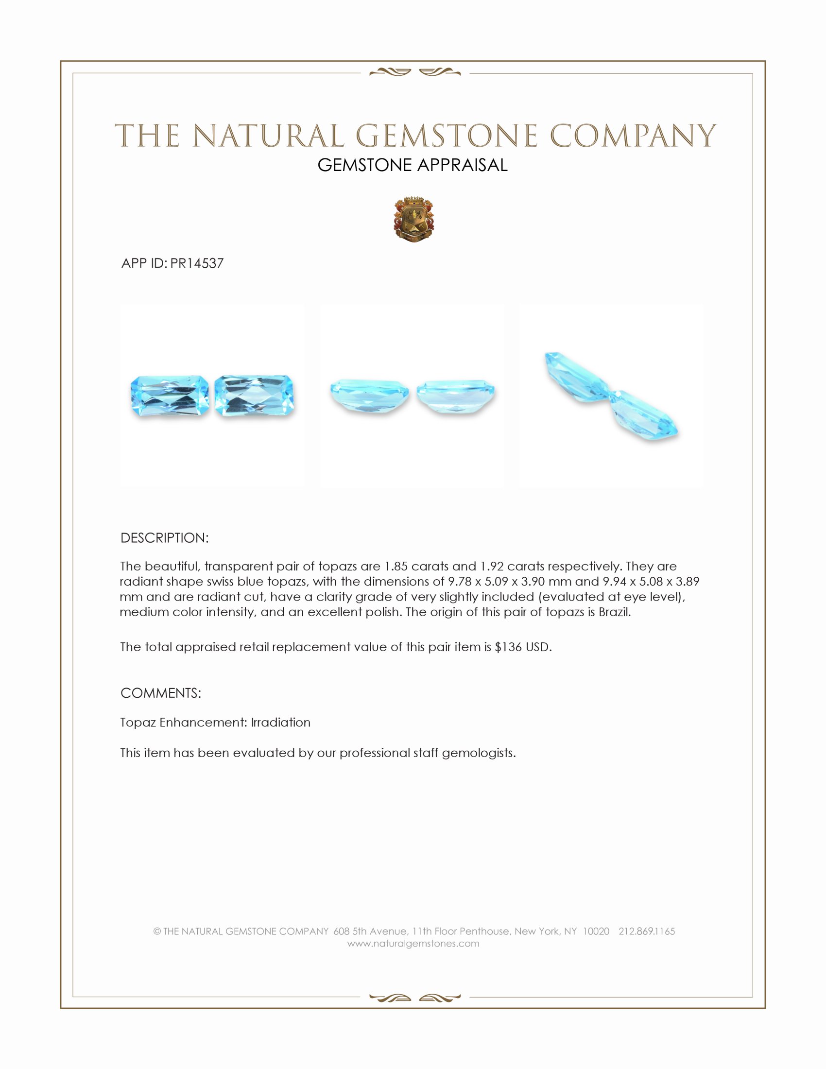 3.77 Ct.Tw. Swiss Blue Topaz Pair from Brazil
