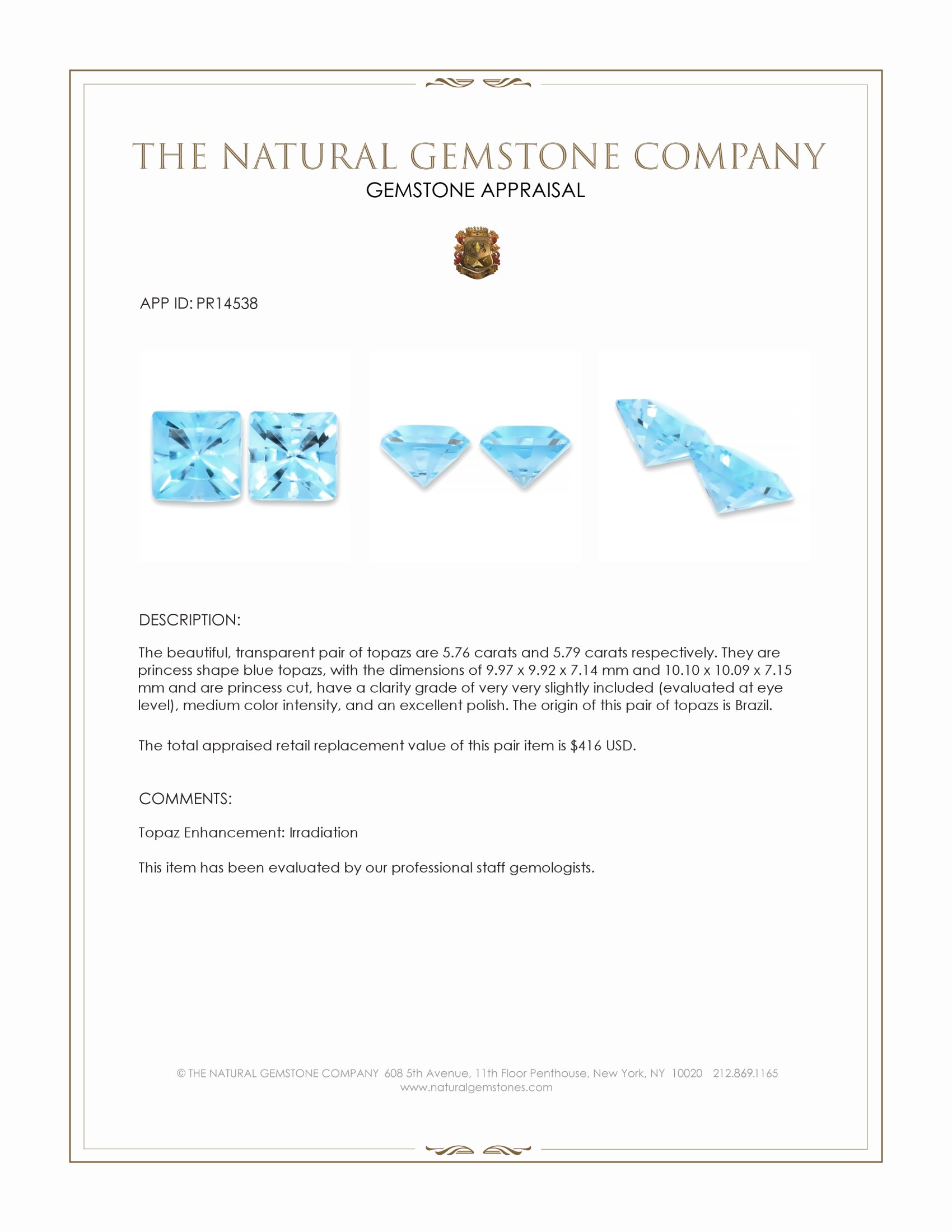 11.55 Ct.Tw. Blue Topaz Pair from Brazil