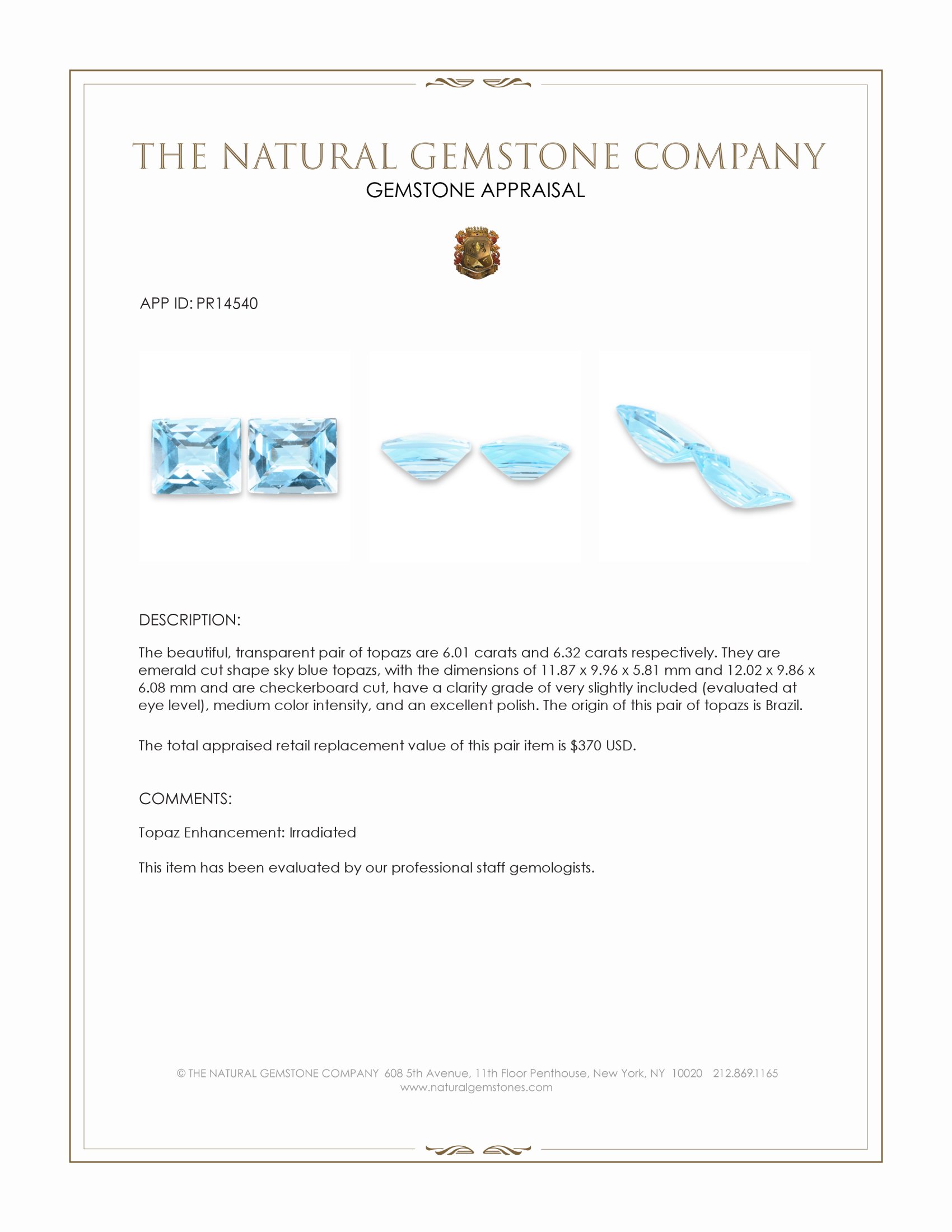 12.33 Ct.Tw. Sky Blue Topaz Pair from Brazil
