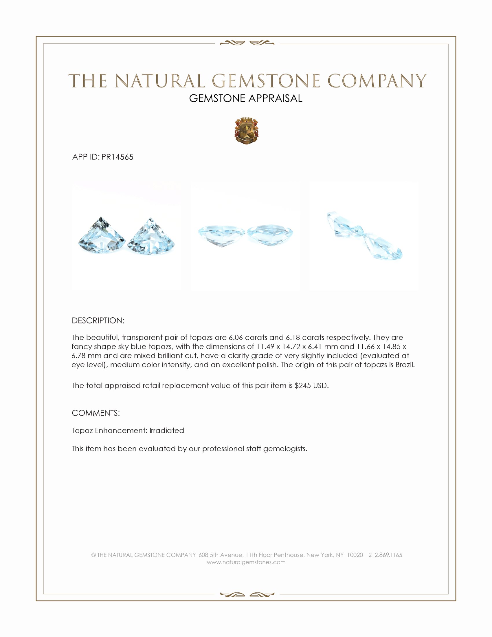 12.24 Ct.Tw. Sky Blue Topaz Pair from Brazil