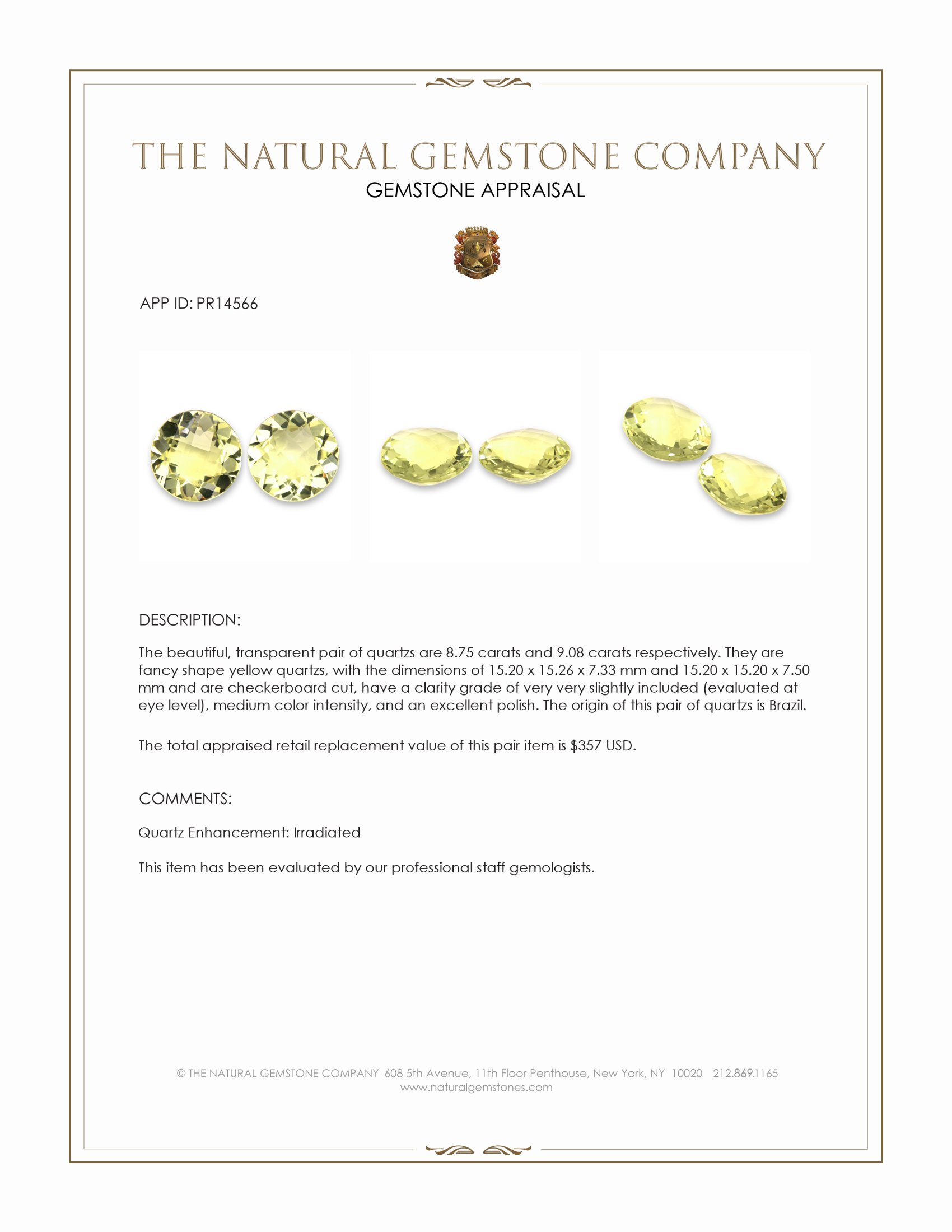 17.83 Ct.Tw. Yellow Quartz Pair from Brazil