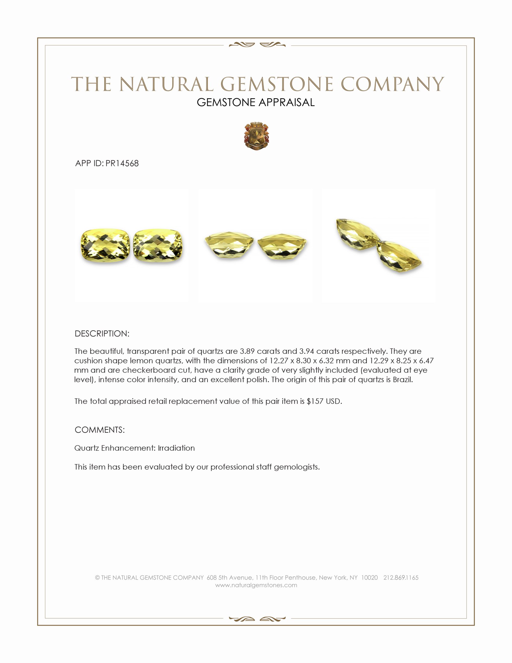 7.83 Ct.Tw. Lemon Quartz Pair from Brazil