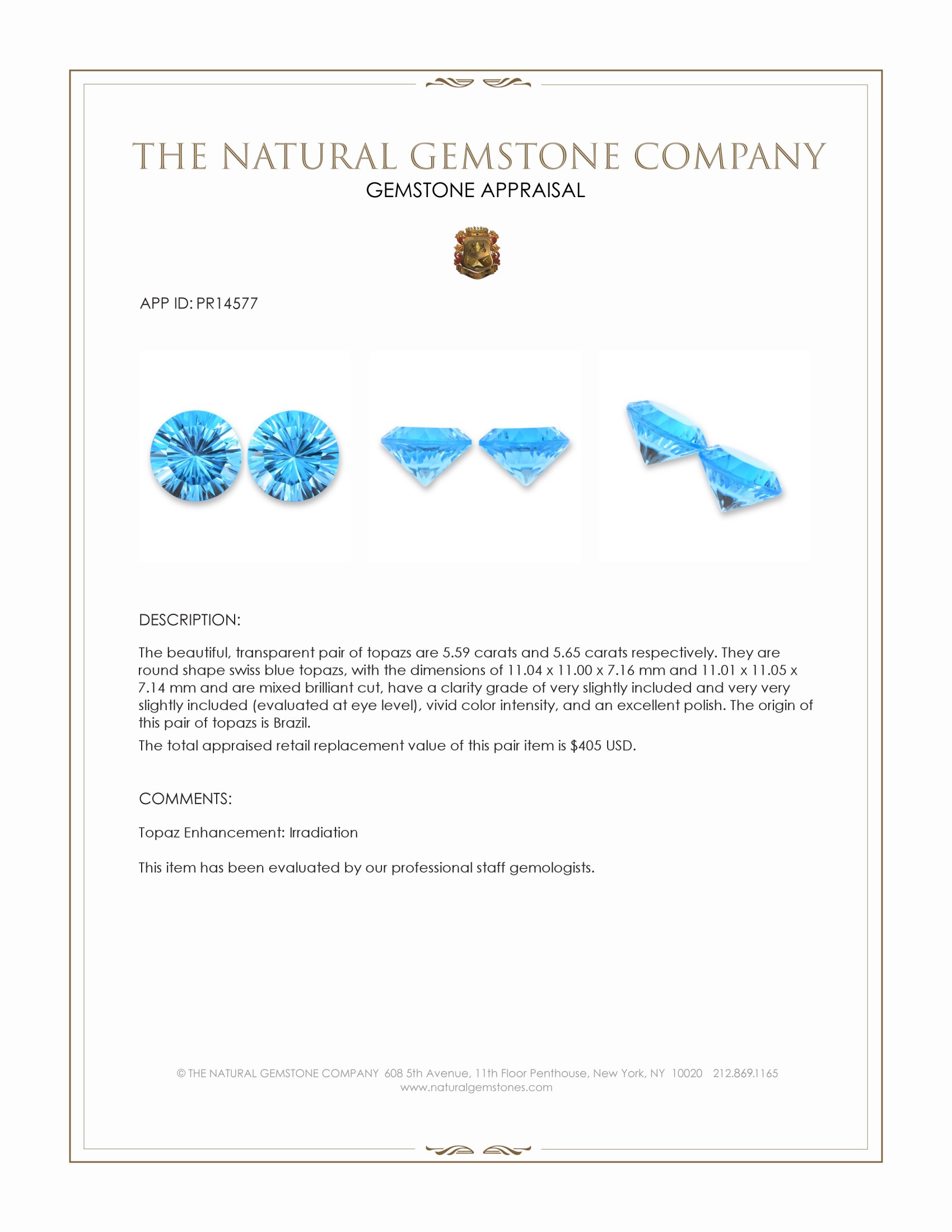 11.24 Ct.Tw. Swiss Blue Topaz Pair from Brazil
