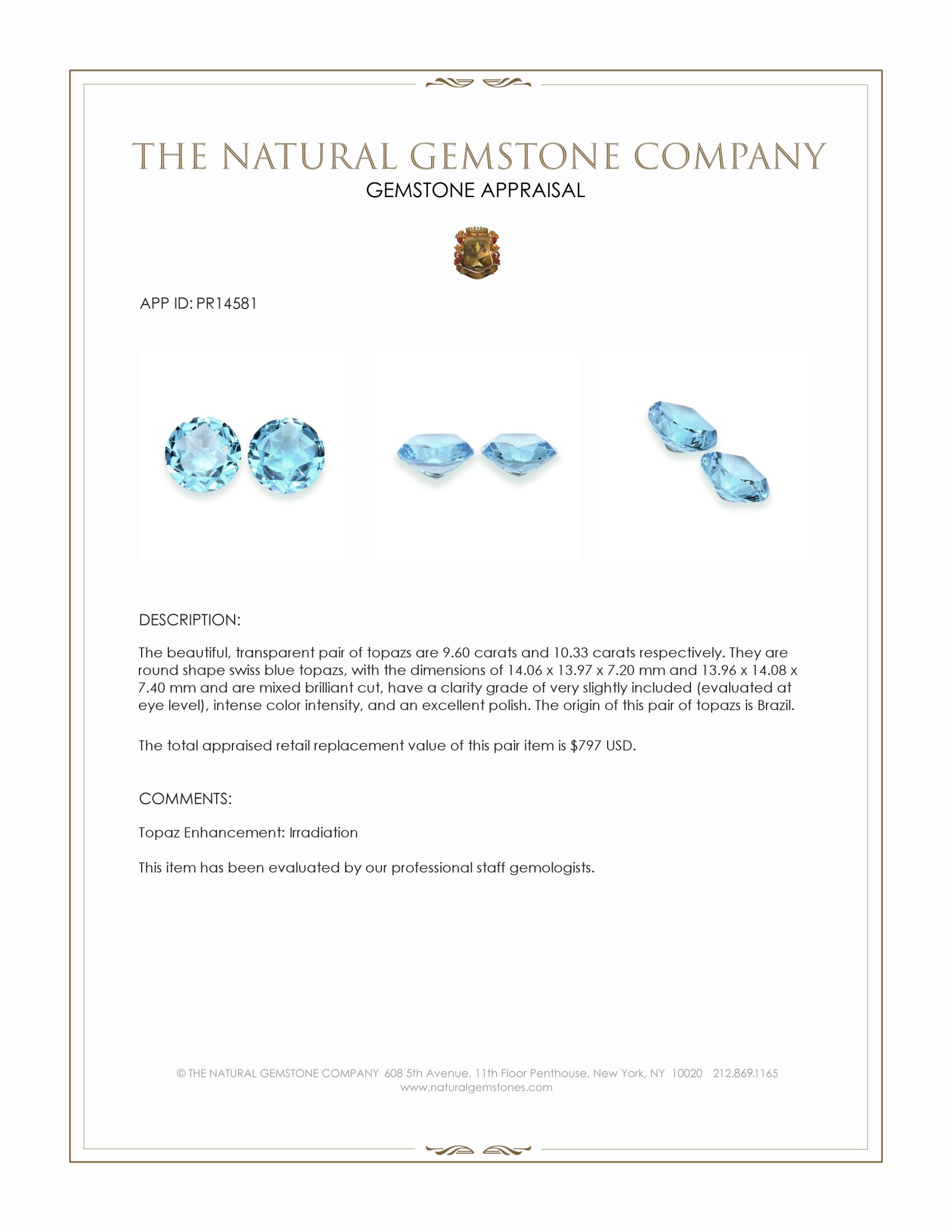 19.93 Ct.Tw. Swiss Blue Topaz Pair from Brazil