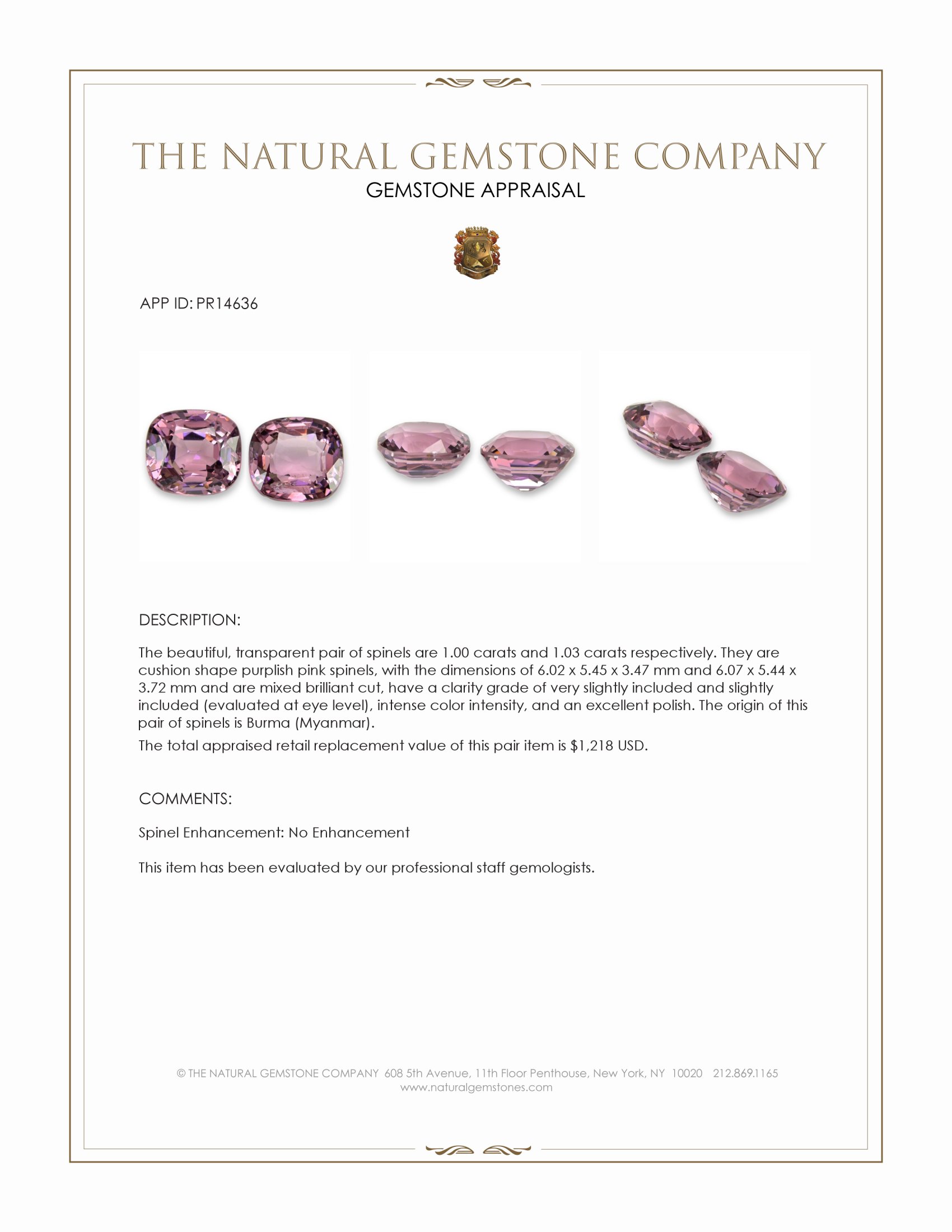 2.03 Ct.Tw. Purplish Pink Spinel Pair from Burma (Myanmar)