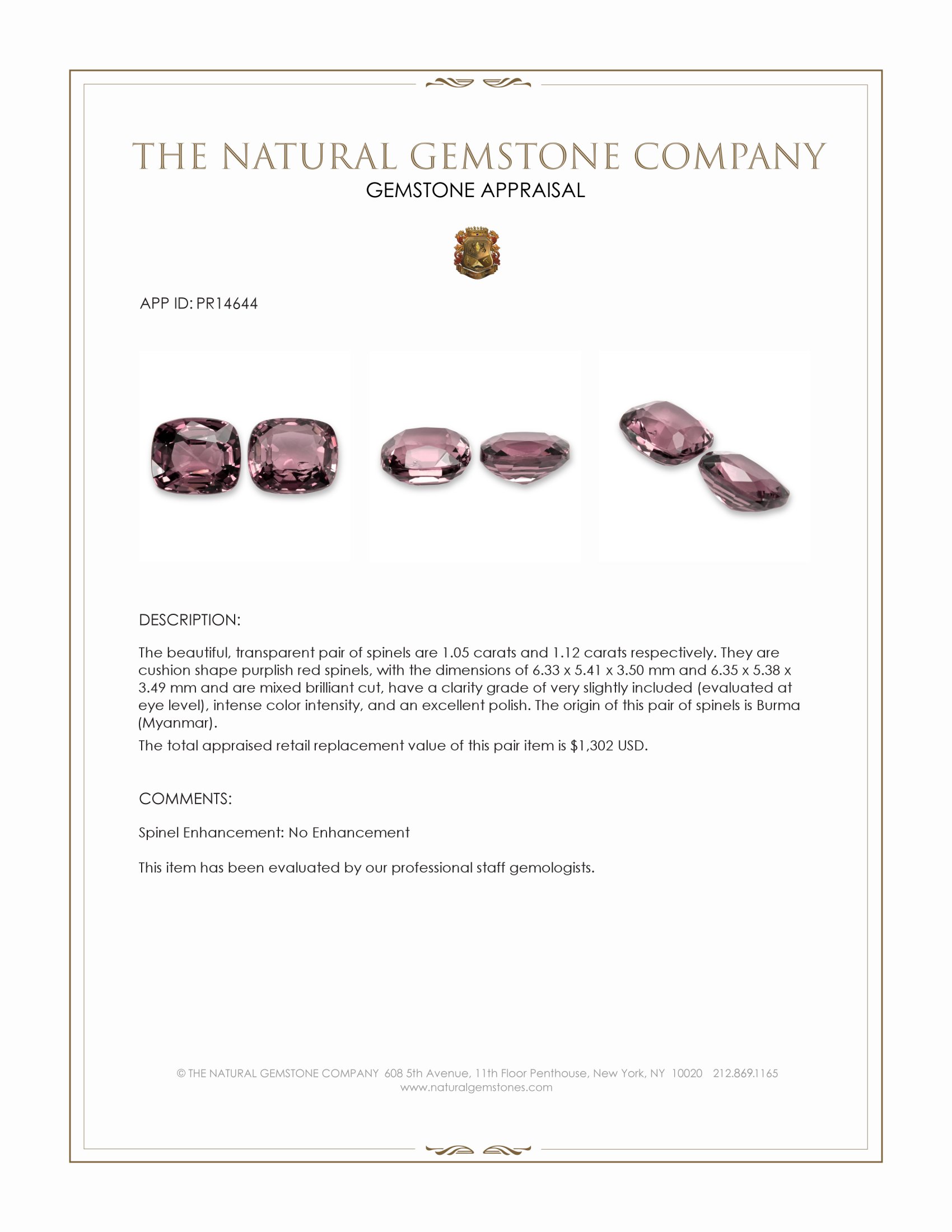 2.17 Ct.Tw. Purplish Red Spinel Pair from Burma (Myanmar)