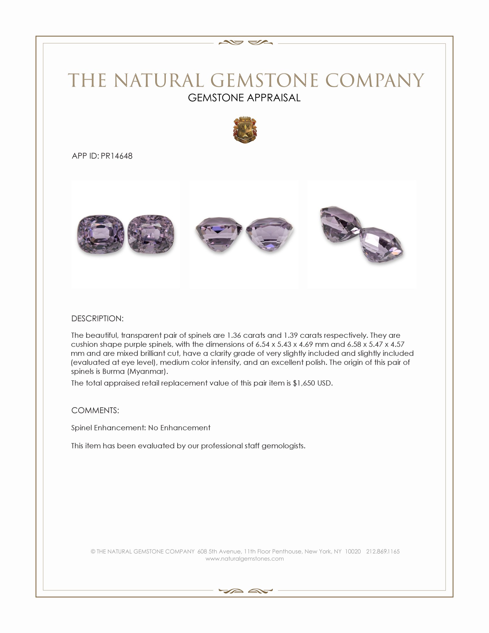 2.75 Ct.Tw. Purple Spinel Pair from Burma (Myanmar)