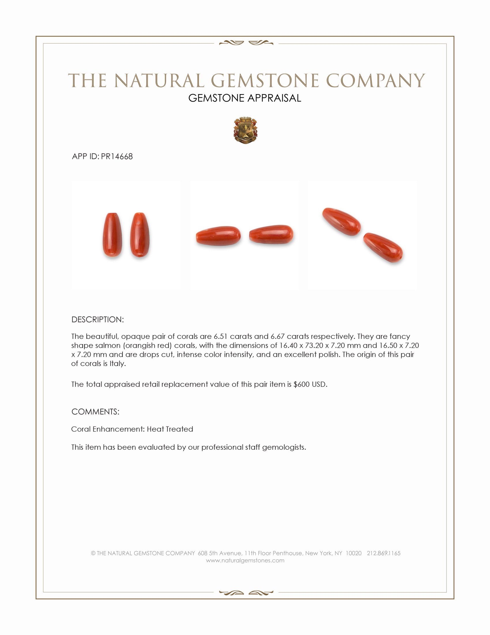 13.18 Ct.Tw. Salmon (Orangish Red) Coral Pair from Italy