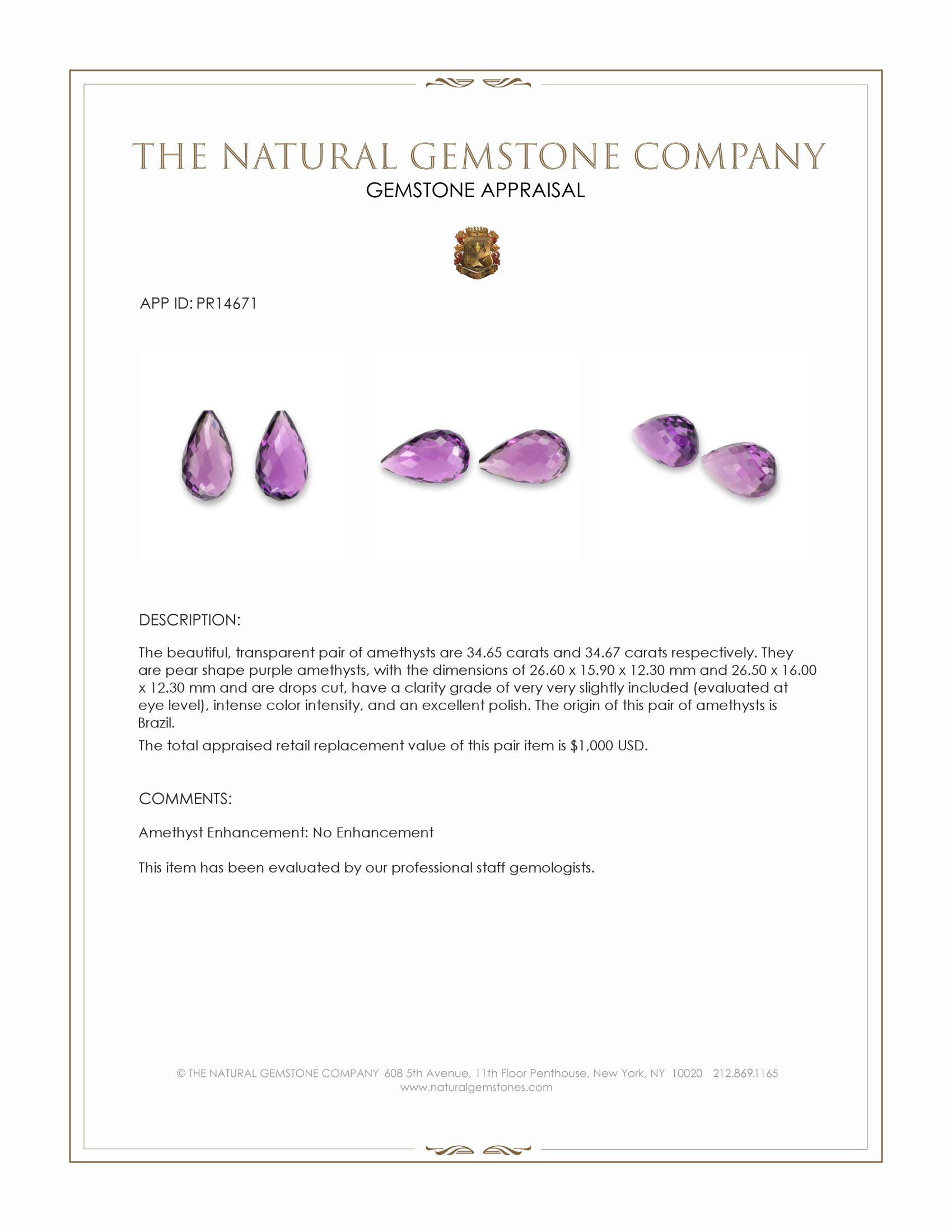 69.32 Ct.Tw. Purple Amethyst Pair from Brazil