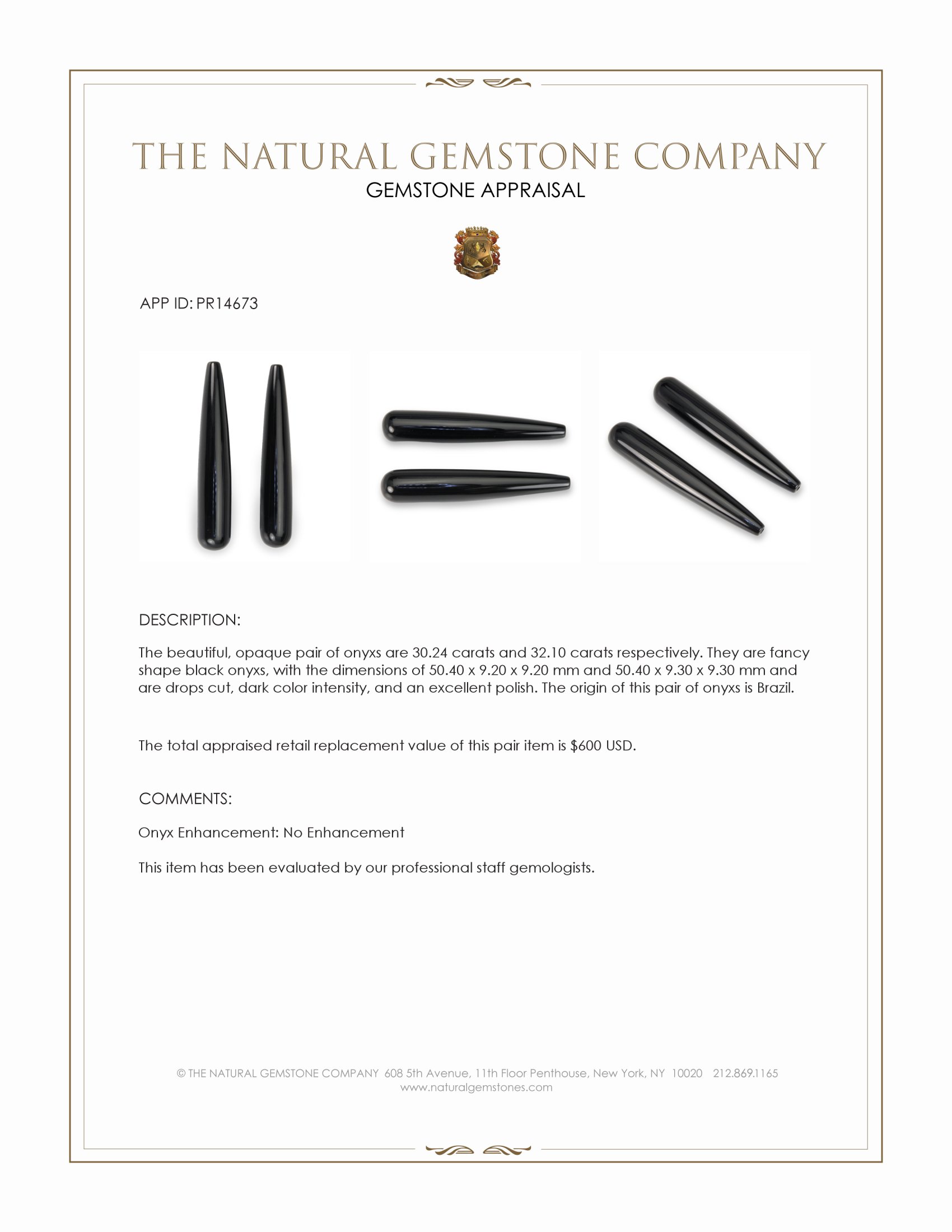 62.34 Ct.Tw. Black Onyx Pair from Brazil