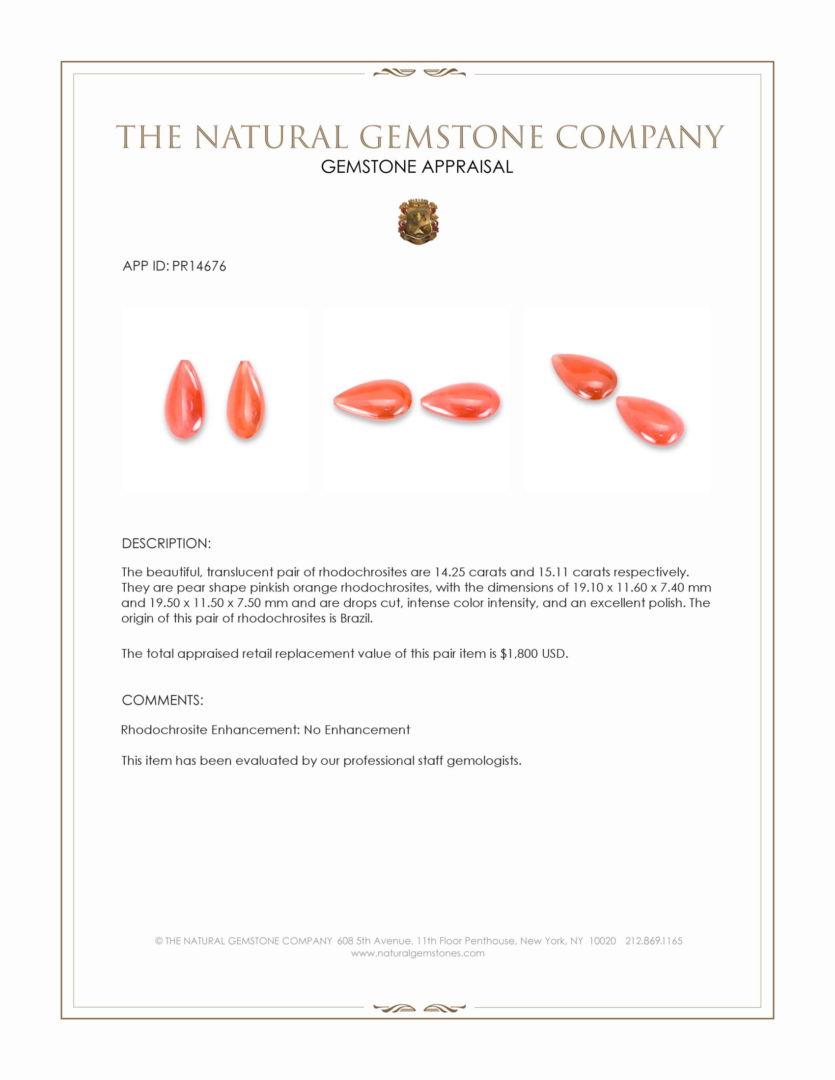29.36 Ct.Tw. Pinkish Orange Rhodochrosite Pair from Brazil