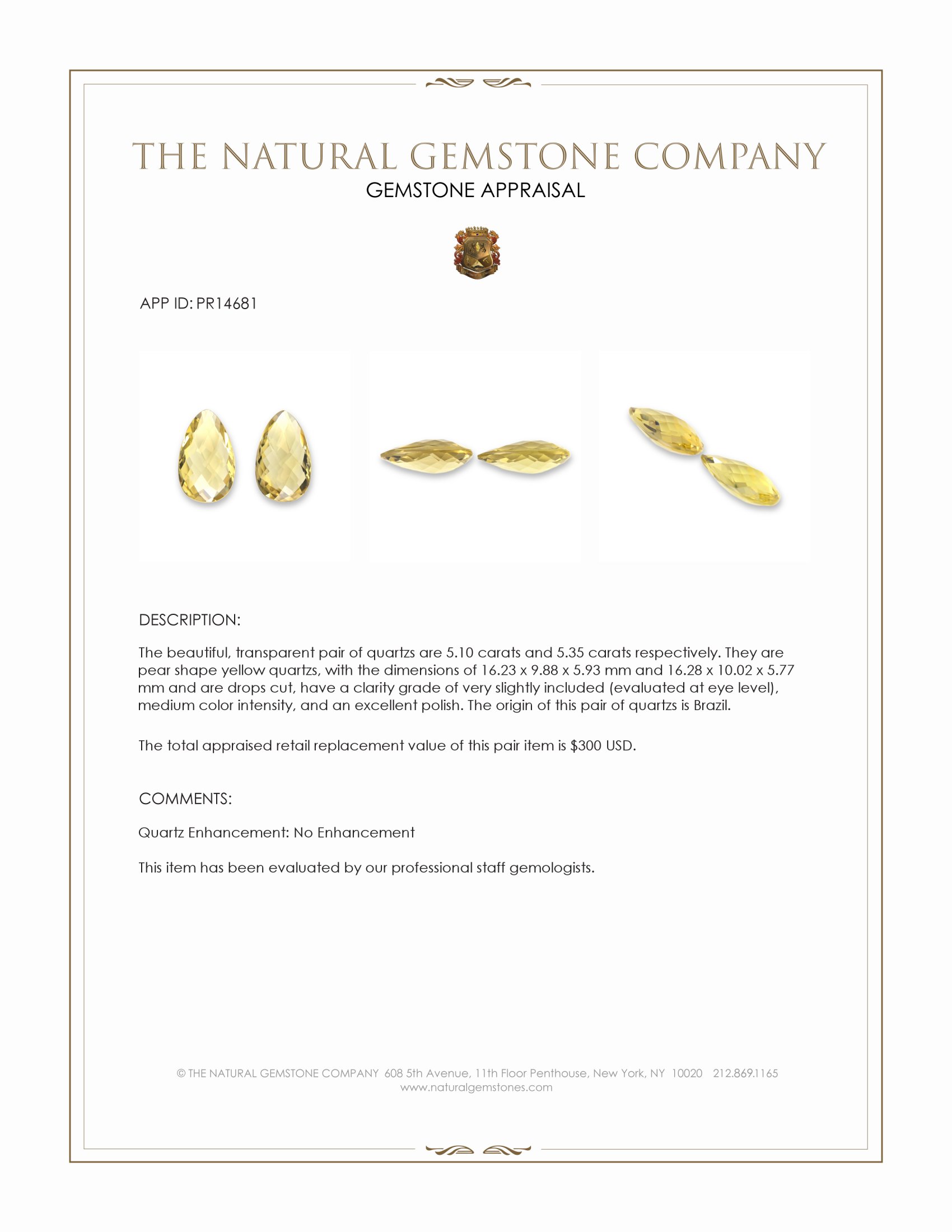 10.45 Ct.Tw. Yellow Quartz Pair from Brazil