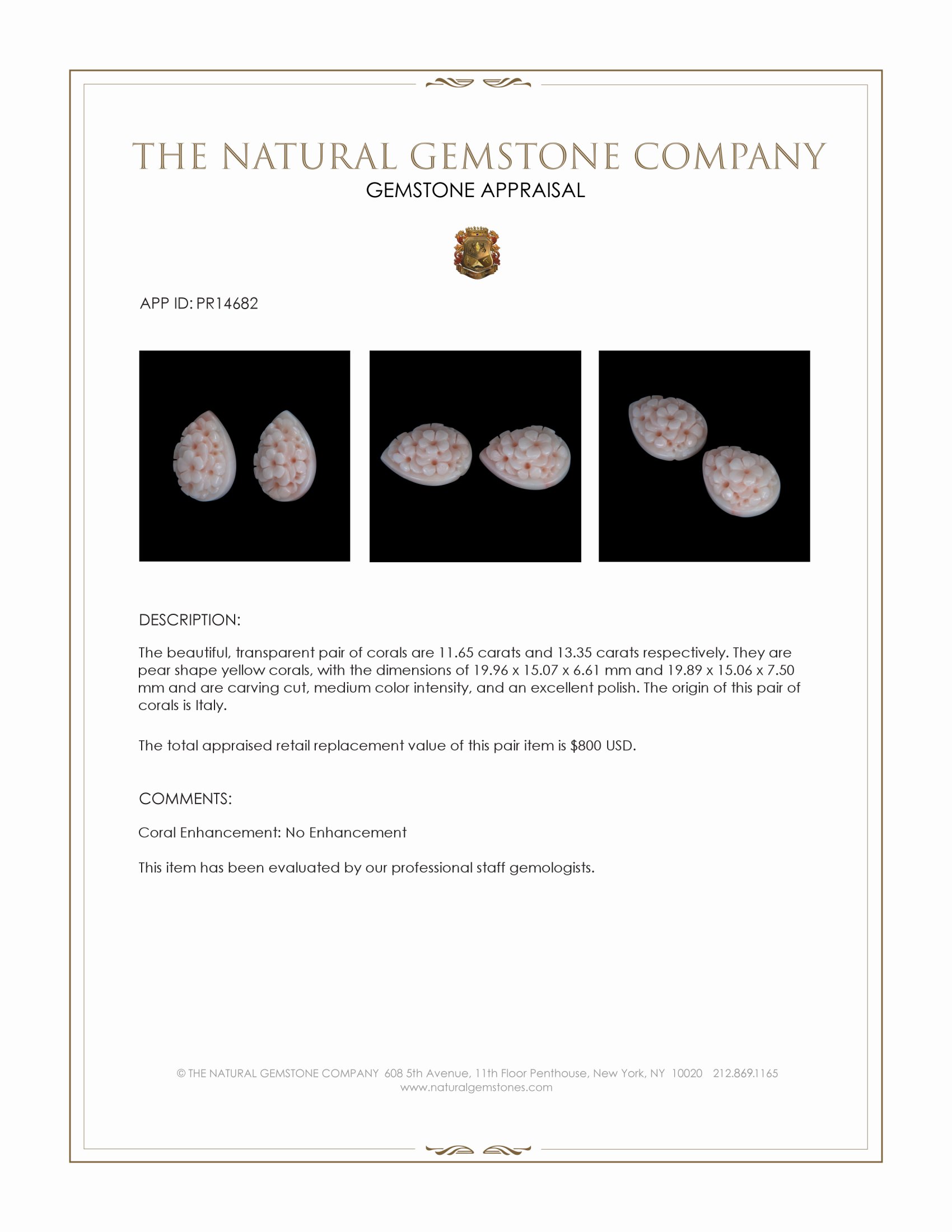 25.00 Ct.Tw. Yellow Coral Pair from Italy
