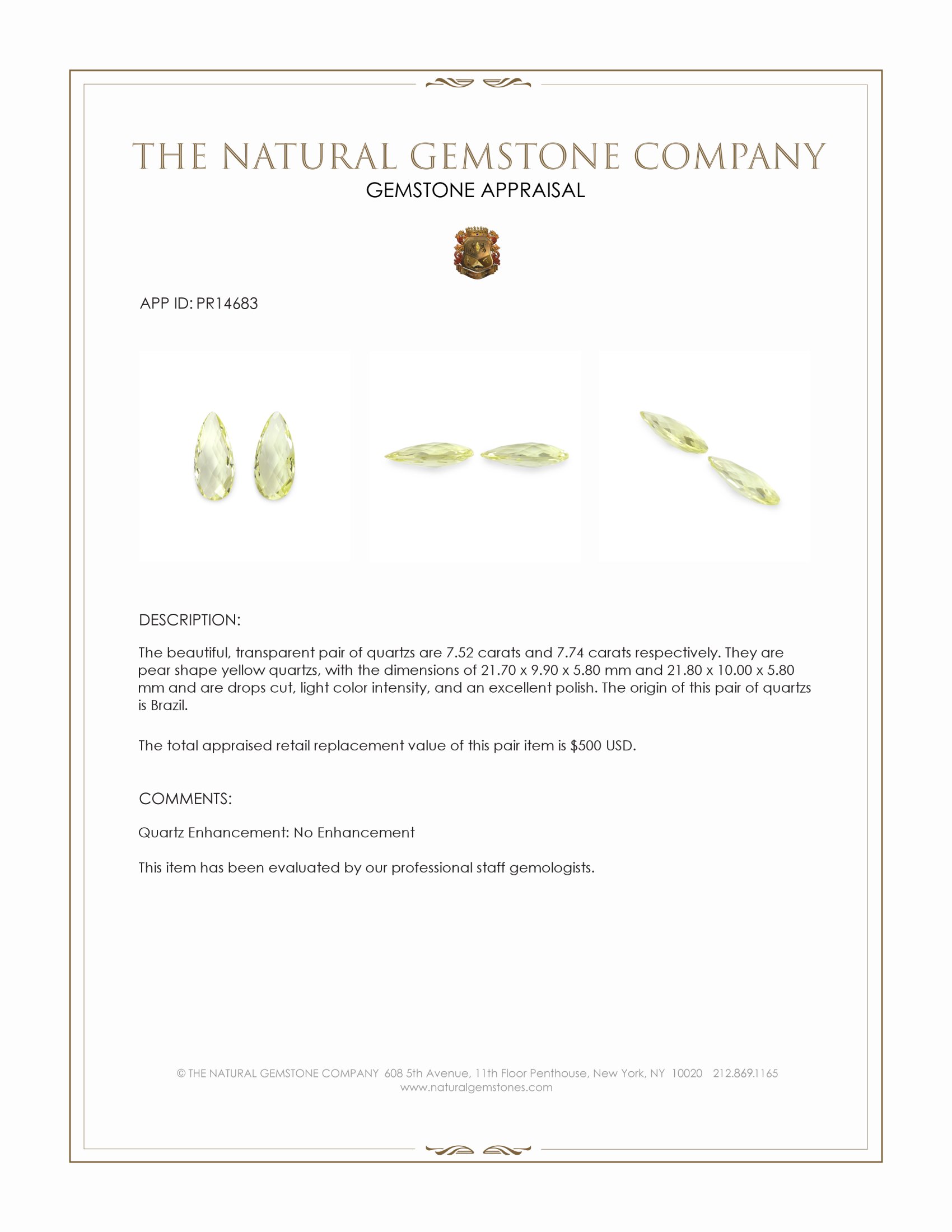 15.26 Ct.Tw. Yellow Quartz Pair from Brazil