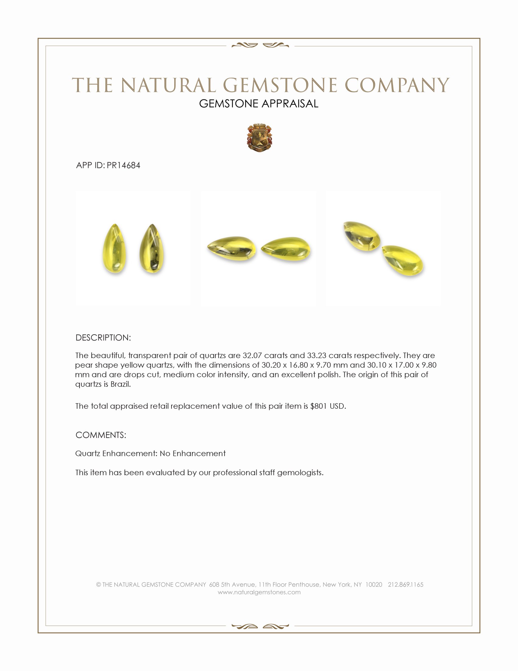 65.30 Ct.Tw. Yellow Quartz Pair from Brazil