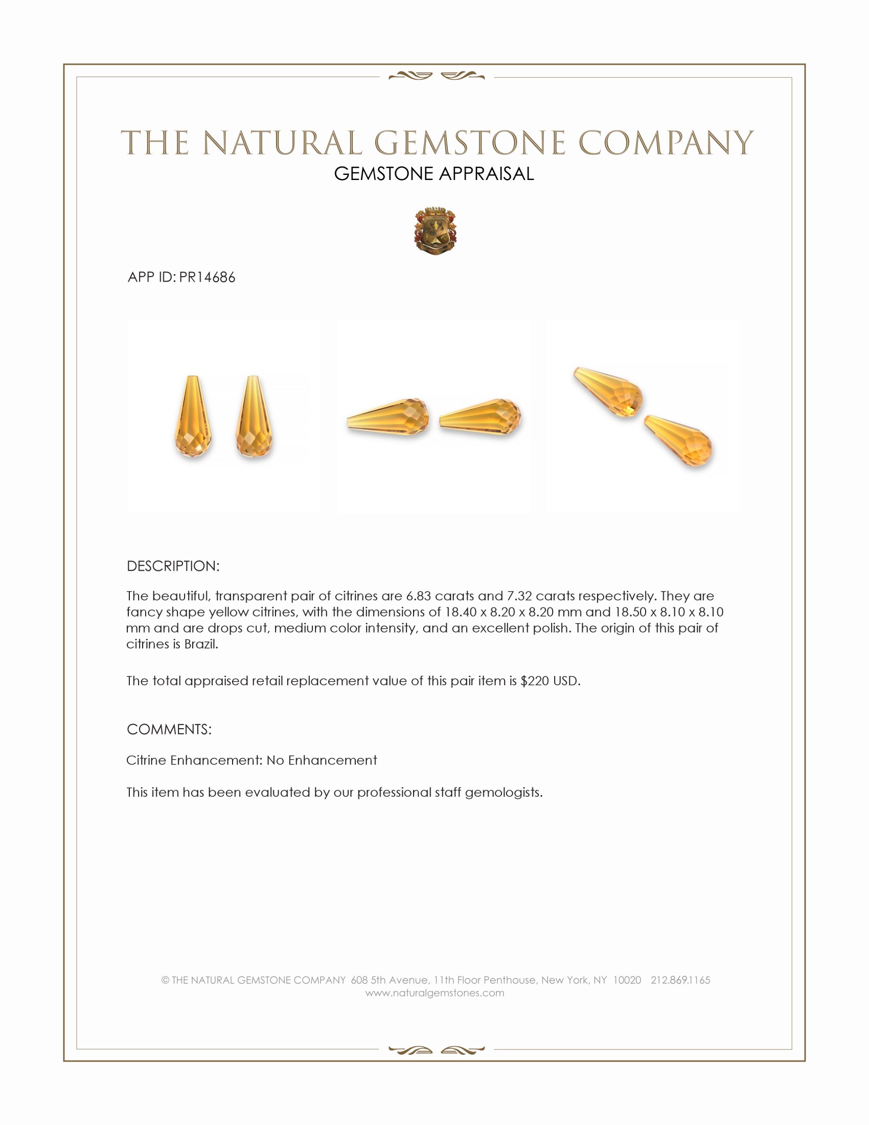 14.15 Ct.Tw. Yellow Citrine Pair from Brazil