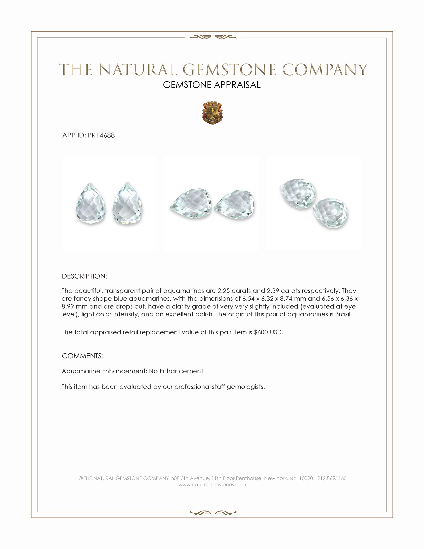 4.64 Ct.Tw. Blue Aquamarine Pair from Brazil