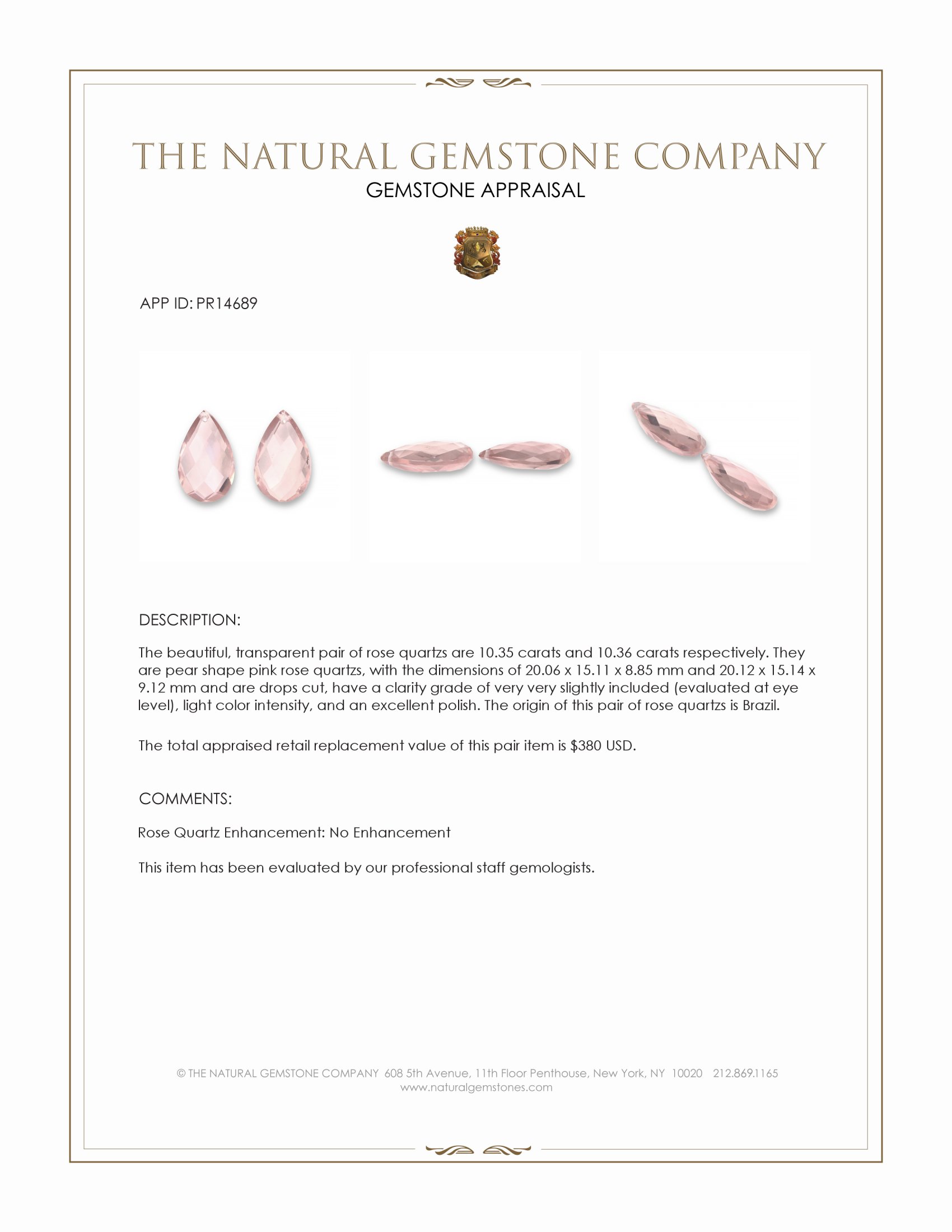 20.71 Ct.Tw. Pink Rose Quartz Pair from Brazil