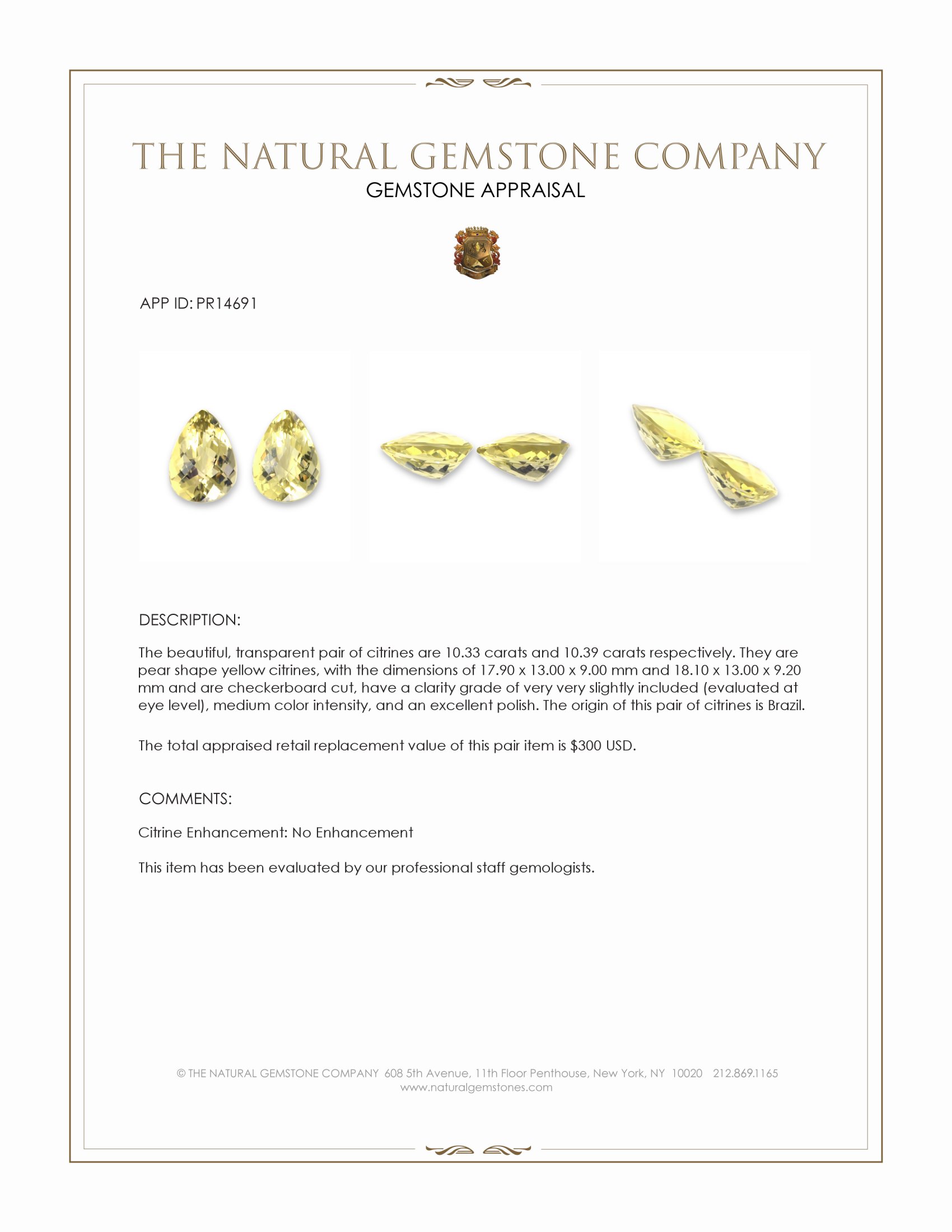 20.72 Ct.Tw. Yellow Citrine Pair from Brazil