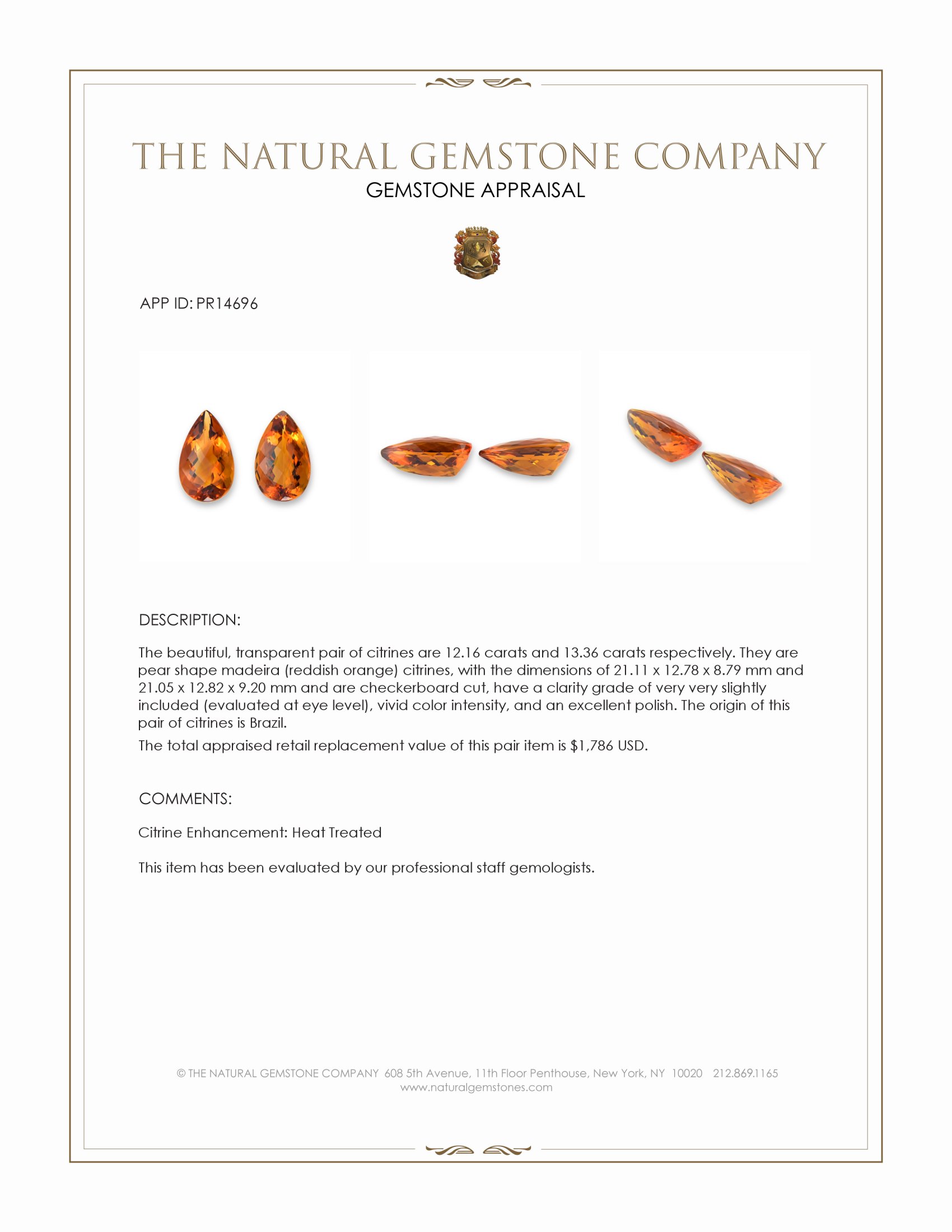 25.52 Ct.Tw. Madeira (Reddish Orange) Citrine Pair from Brazil