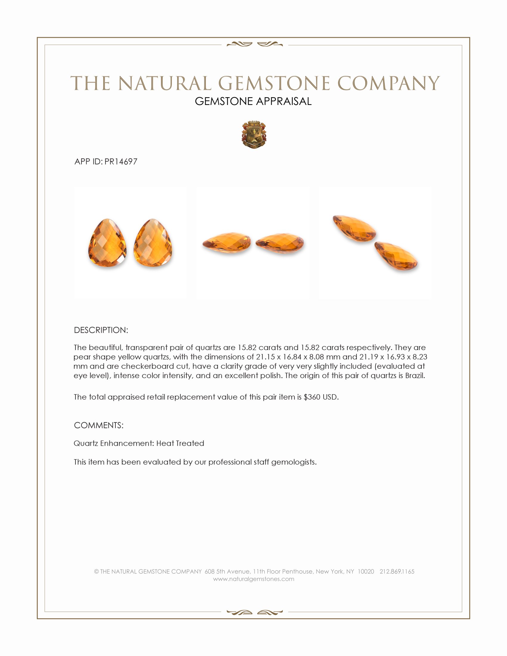 31.64 Ct.Tw. Yellow Quartz Pair from Brazil