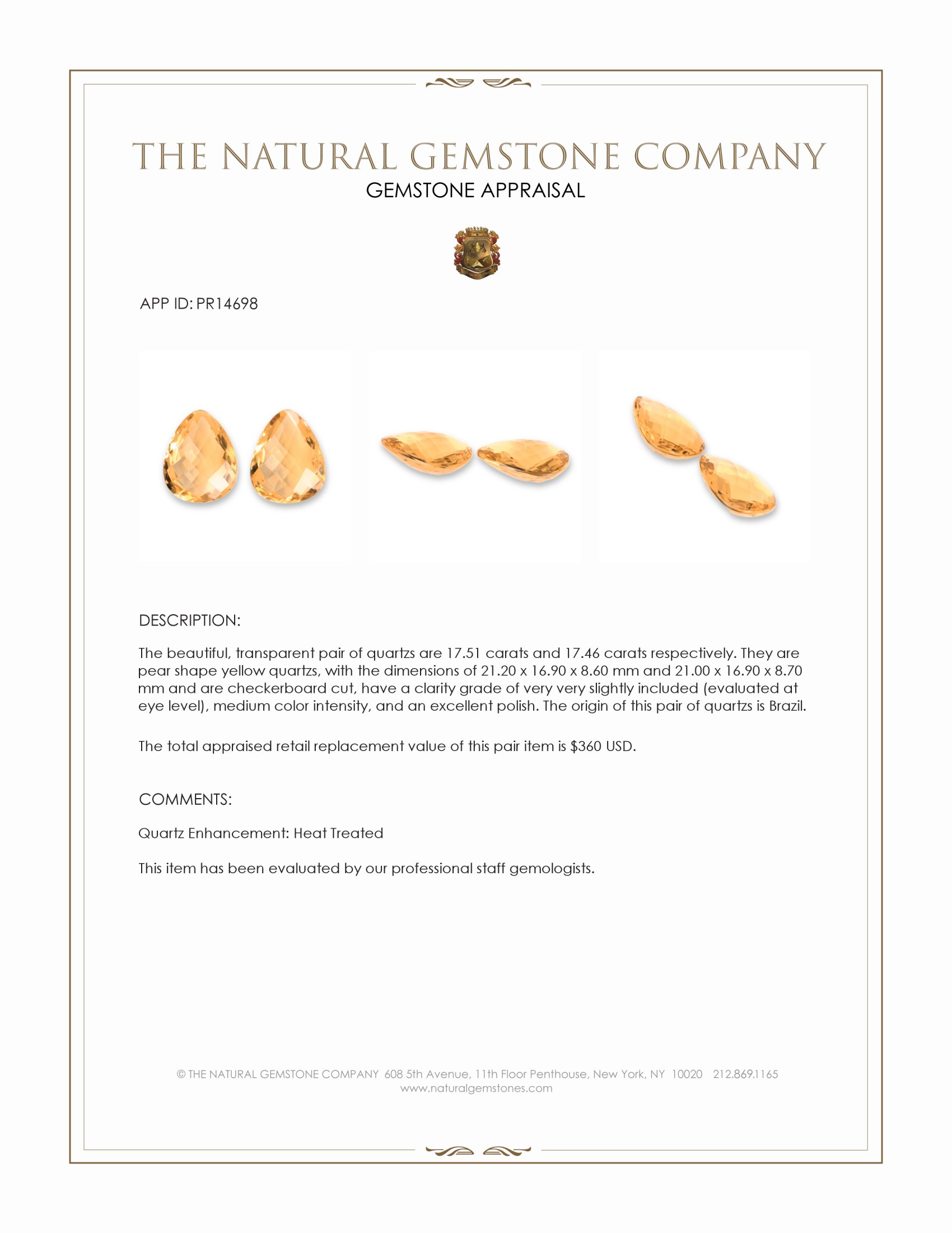 34.97 Ct.Tw. Yellow Quartz Pair from Brazil
