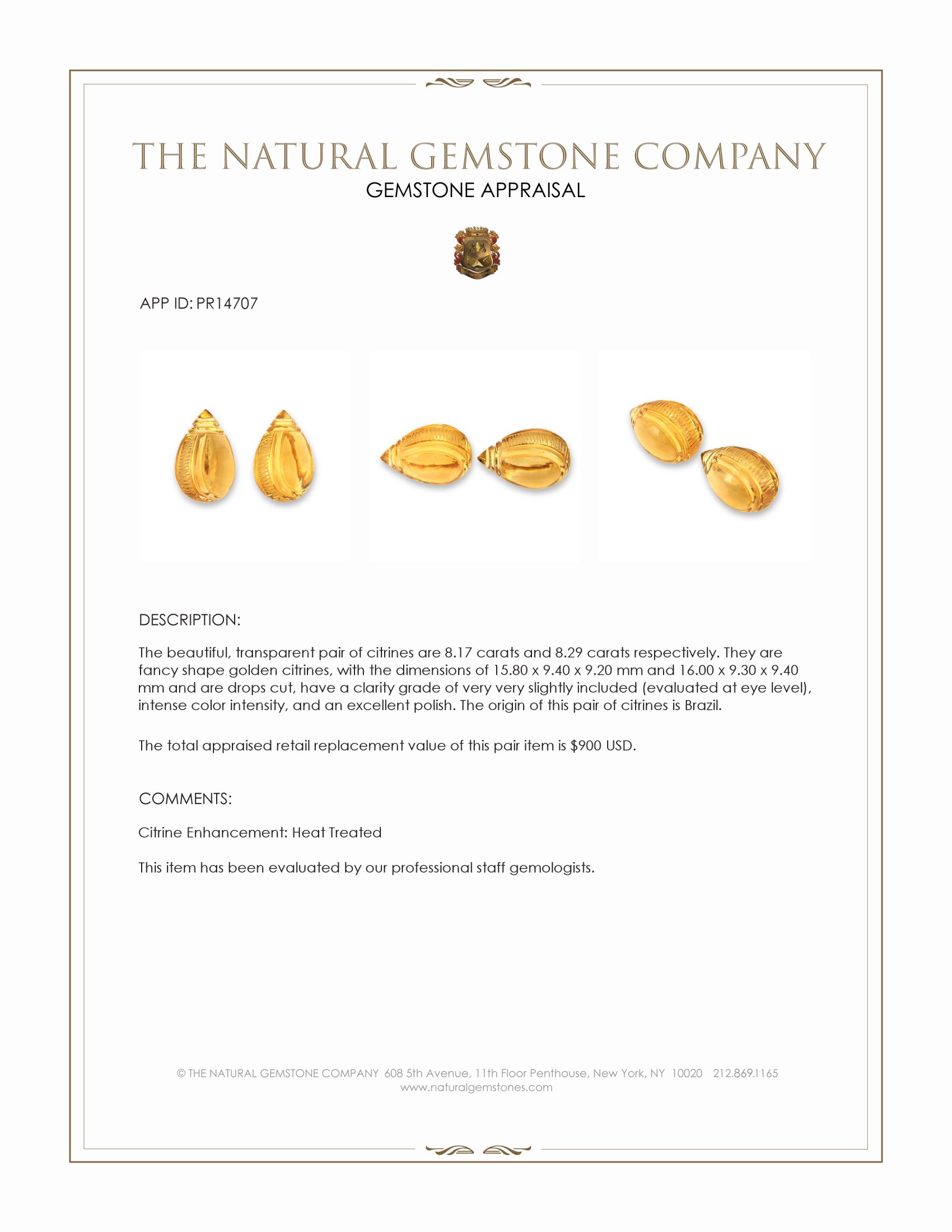 16.46 Ct.Tw. Golden Citrine Pair from Brazil