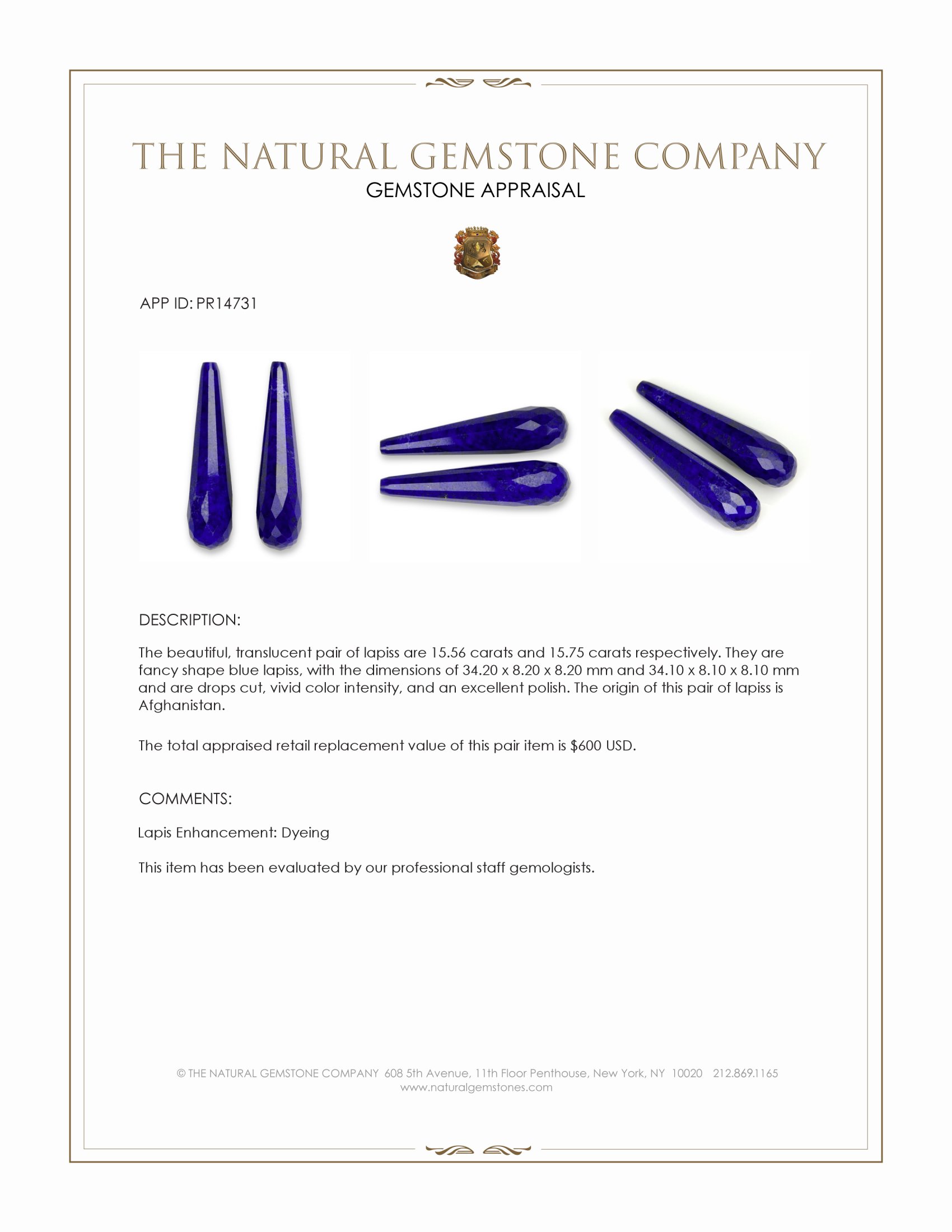 31.31 Ct.Tw. Lapis Pair from Afghanistan