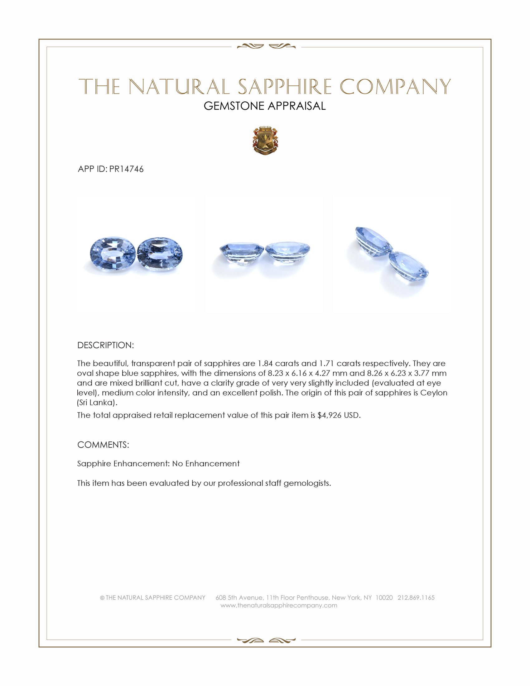 3.55 Ct.Tw. Blue Sapphire Pair from Ceylon (Sri Lanka)