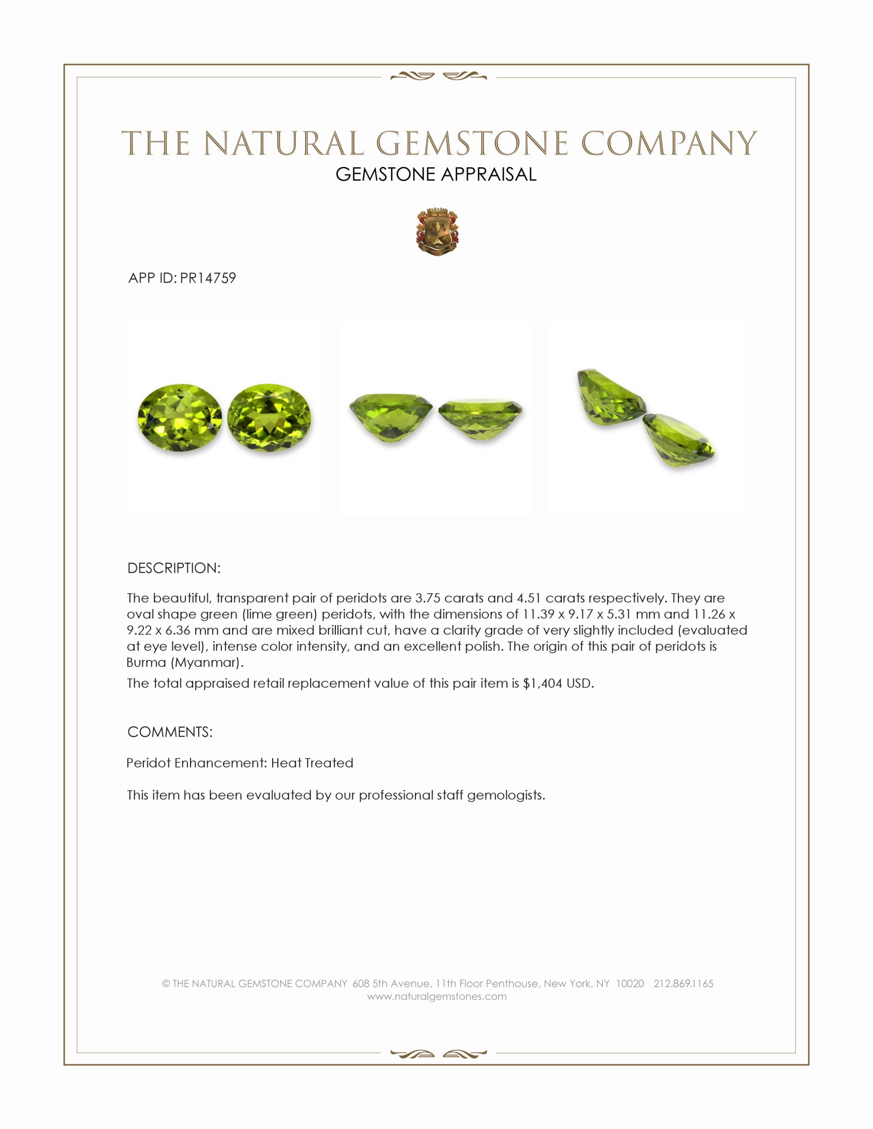 8.26 Ct.Tw. Green (Lime Green) Peridot Pair from Burma (Myanmar)