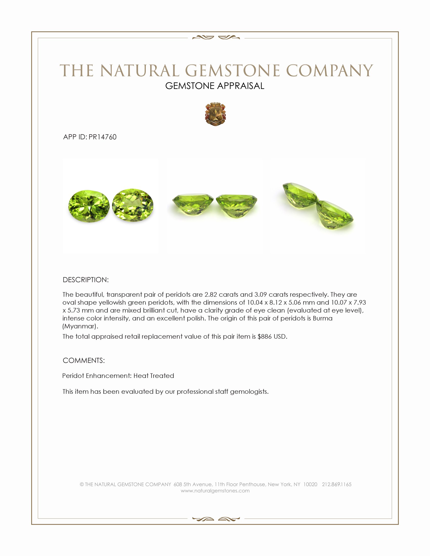 5.91 Ct.Tw. Yellowish Green Peridot Pair from Burma (Myanmar)