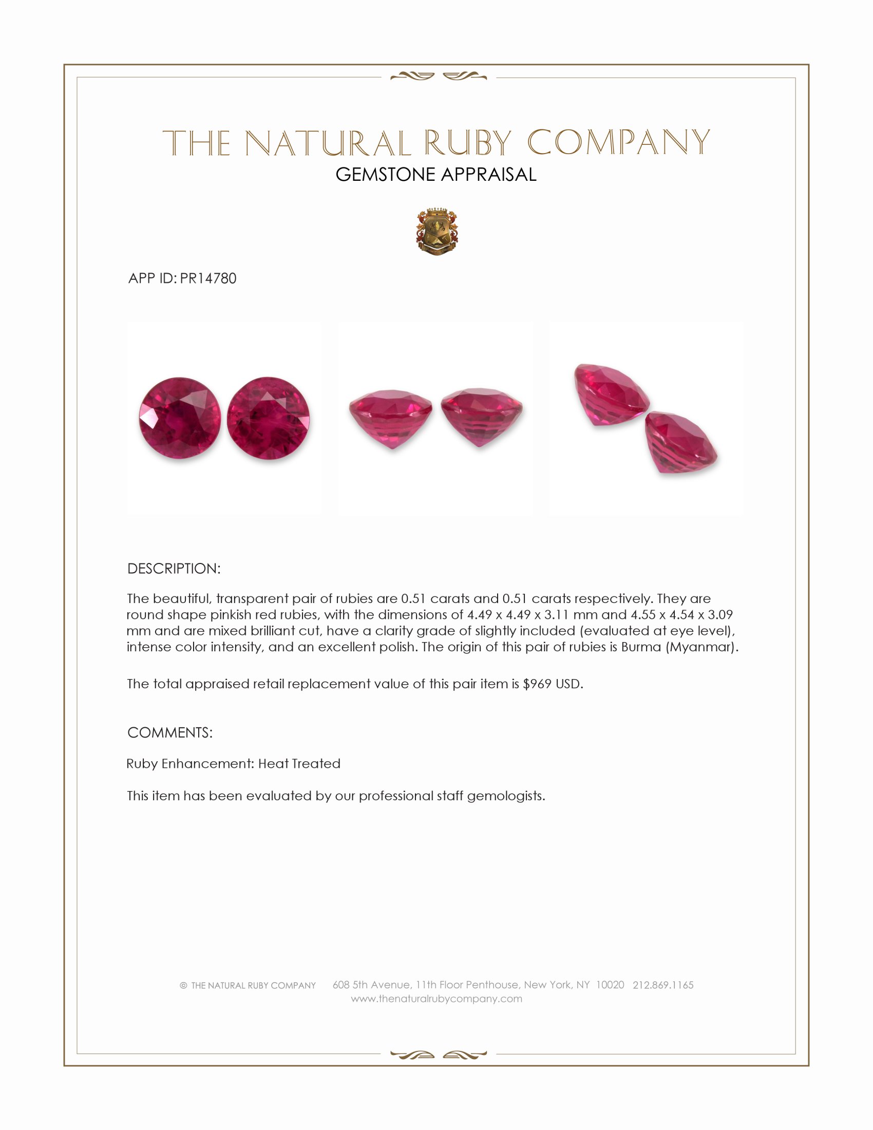 1.02 Ct.Tw. Pinkish Red Ruby Pair from Burma (Myanmar)