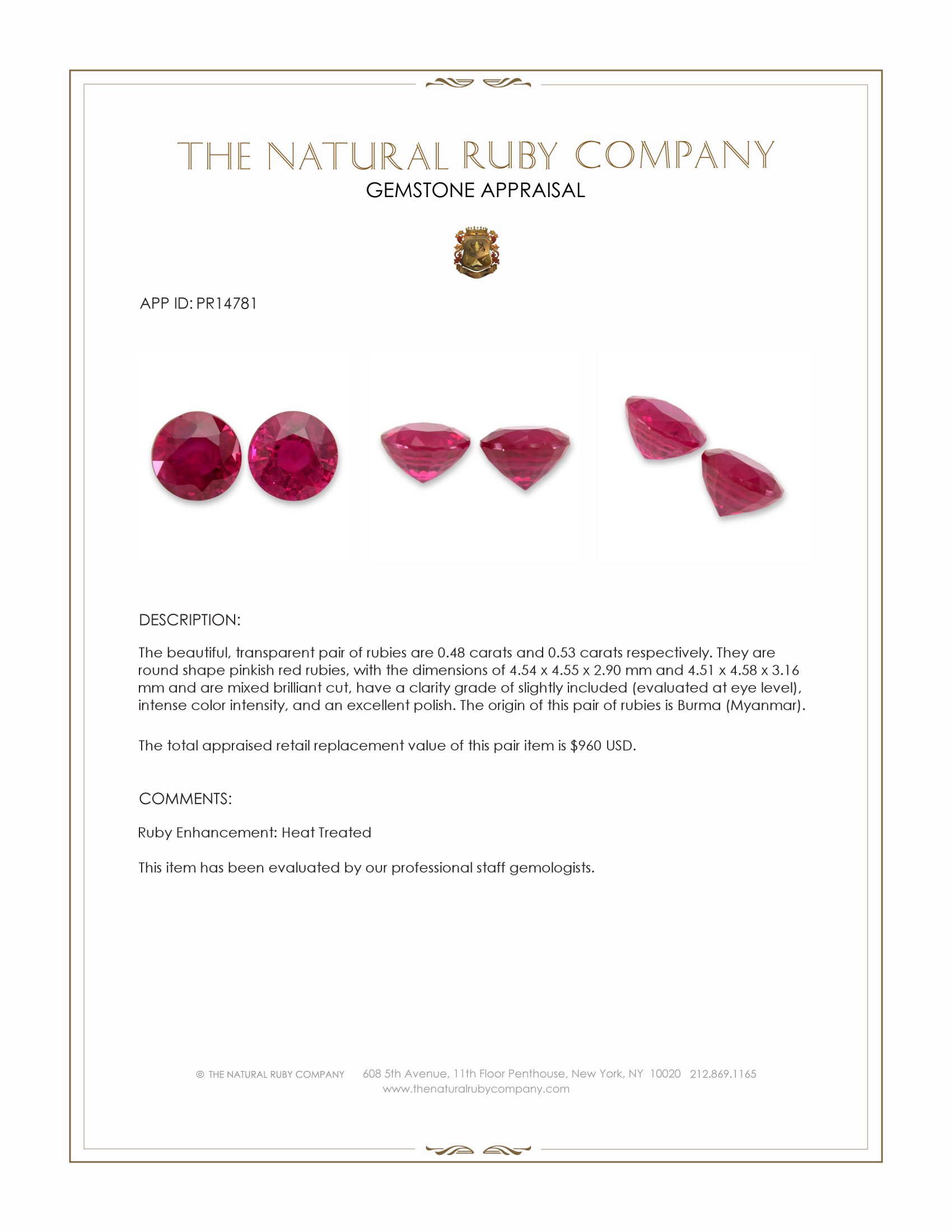 1.01 Ct.Tw. Pinkish Red Ruby Pair from Burma (Myanmar)