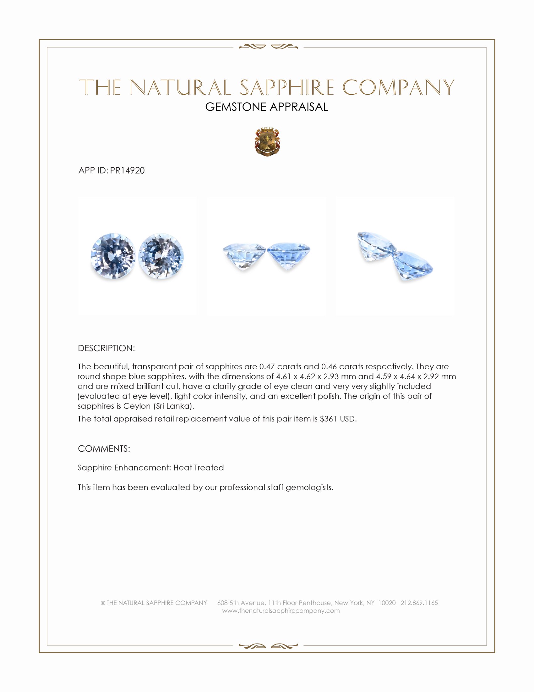 0.93 Ct.Tw. Blue Sapphire Pair from Ceylon (Sri Lanka)