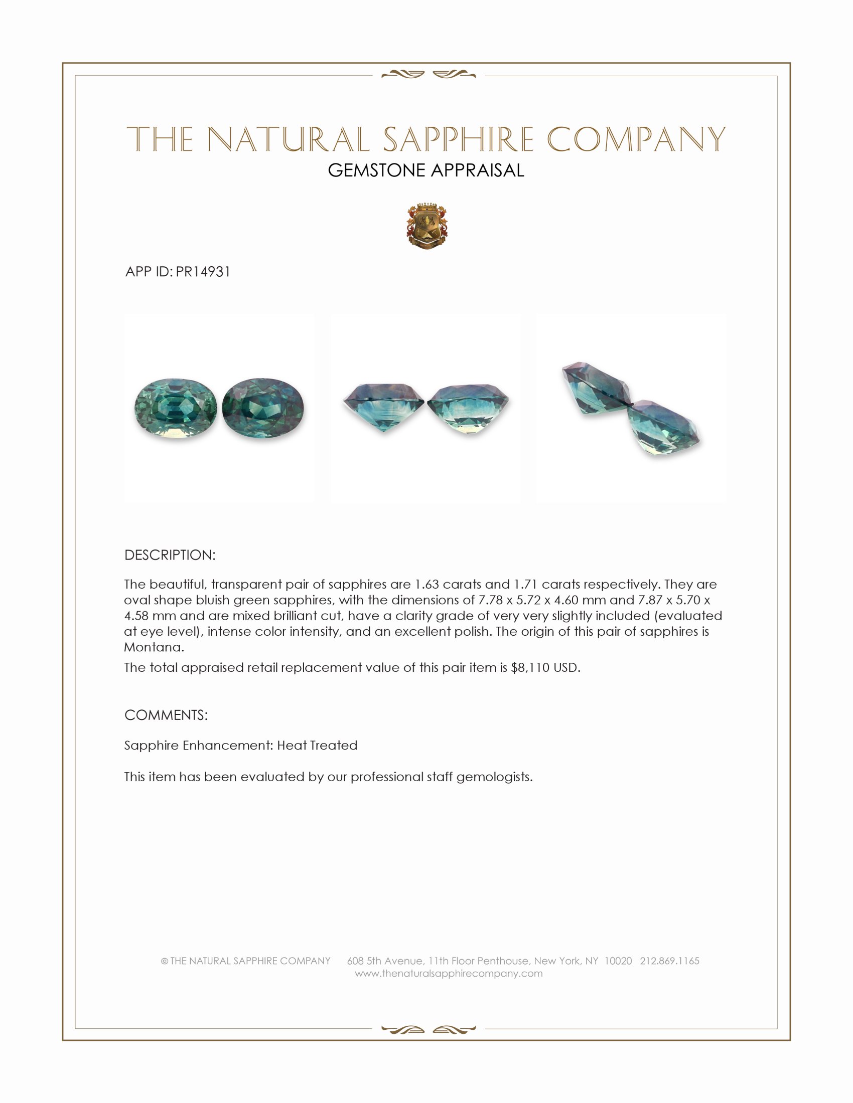 3.34 Ct.Tw. Bluish Green Sapphire Pair from Montana