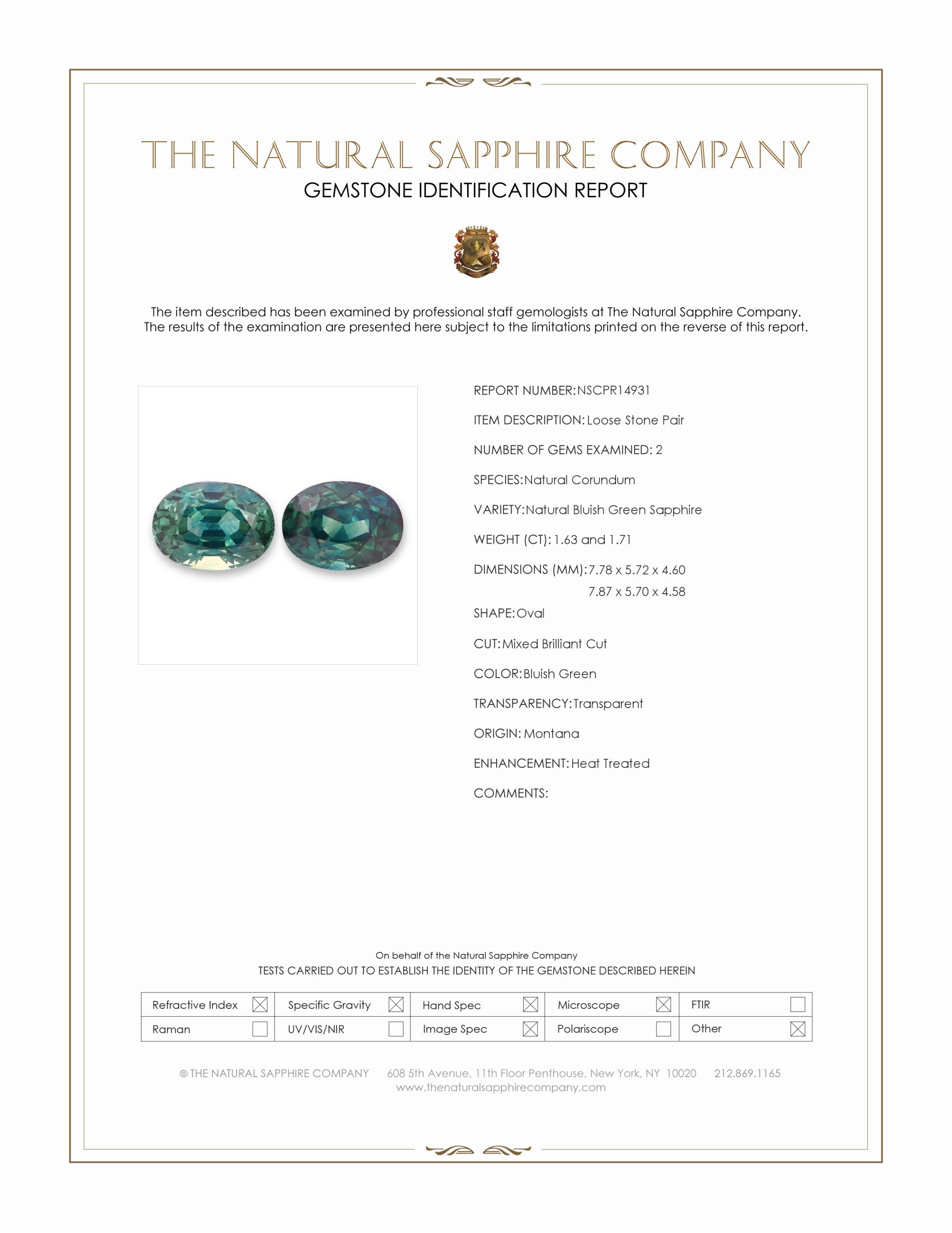 3.34 Ct.Tw. Bluish Green Sapphire Pair from Montana