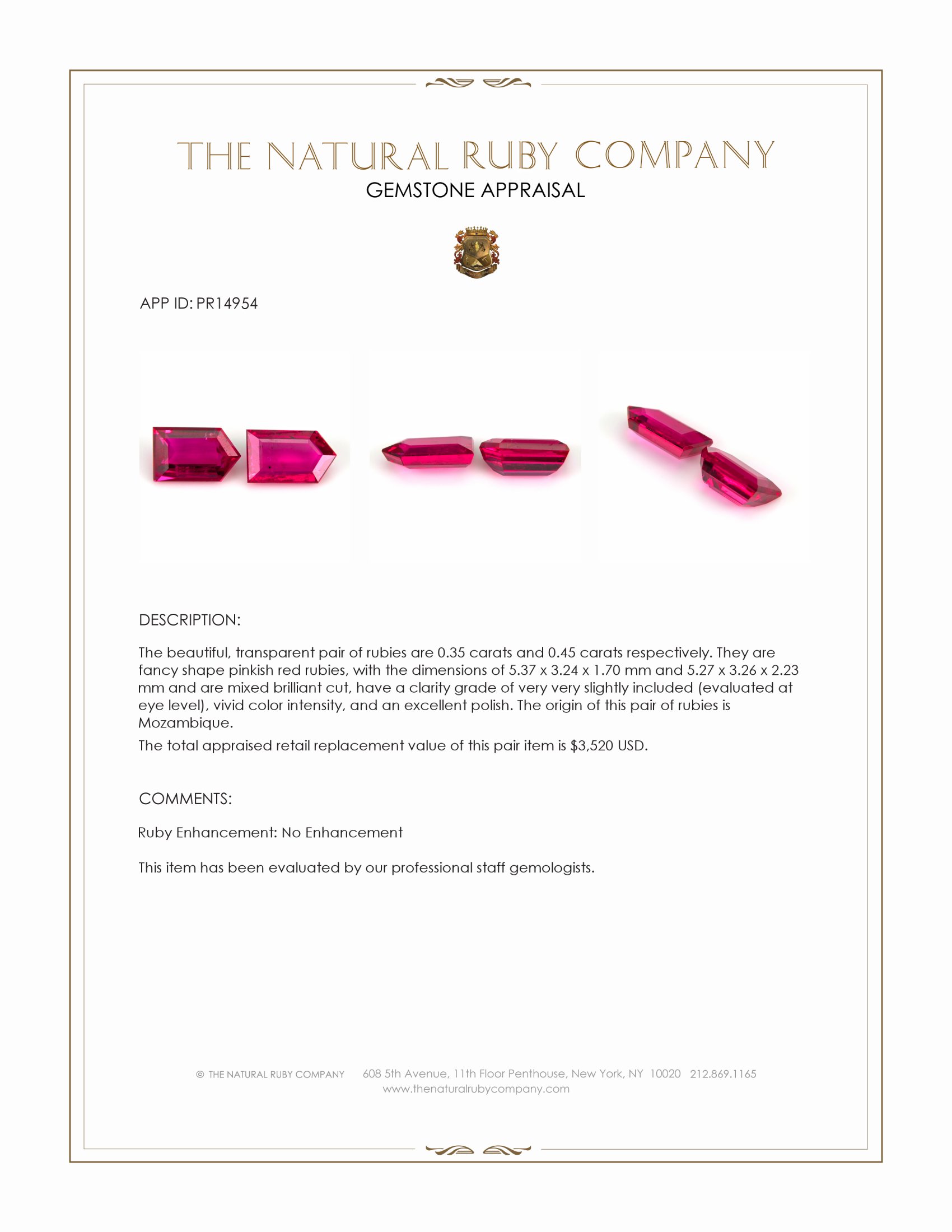 0.80 Ct.Tw. Pinkish Red Ruby Pair from Mozambique