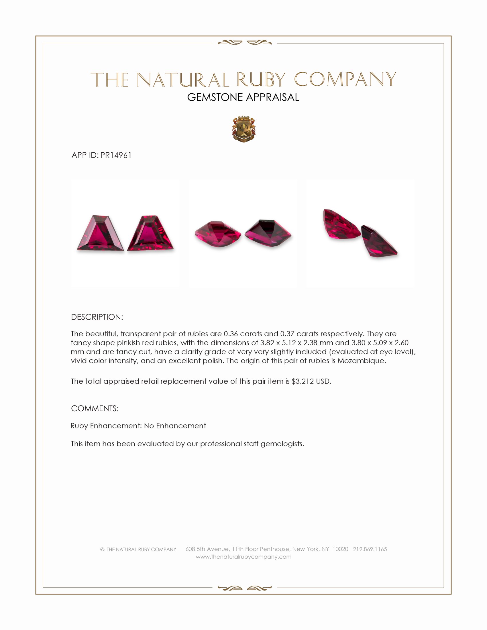 0.73 Ct.Tw. Pinkish Red Ruby Pair from Mozambique
